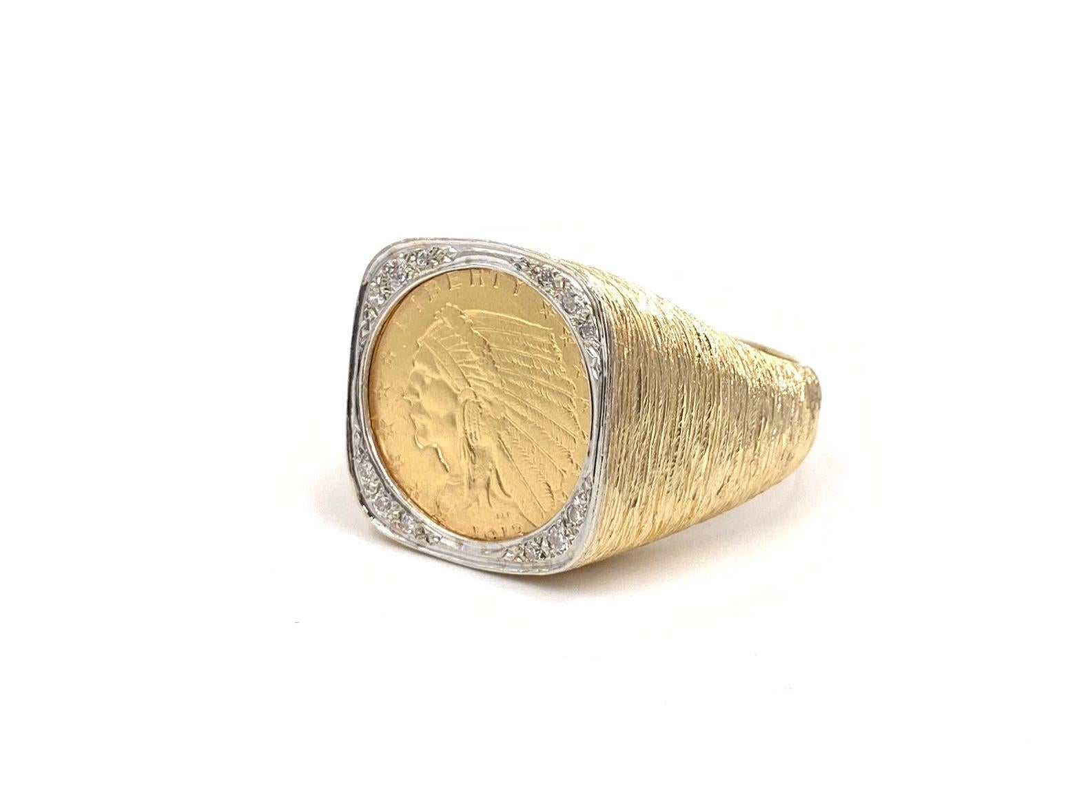 Yellow Gold and Diamond $2.50 Indian Head Coin Men's Ring 1