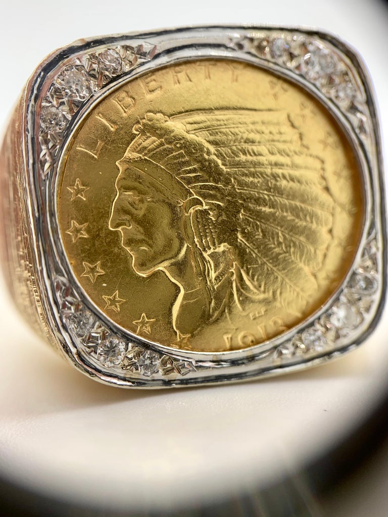 Yellow Gold and Diamond 2.50 Indian Head Coin Men's Ring at 1stDibs