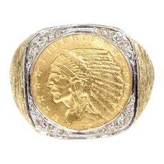 Used Yellow Gold and Diamond $2.50 Indian Head Coin Men's Ring