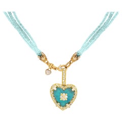 Yellow Gold and Diamond Aqua Quartz Heart Pendant with Aquamarine Beads Necklace