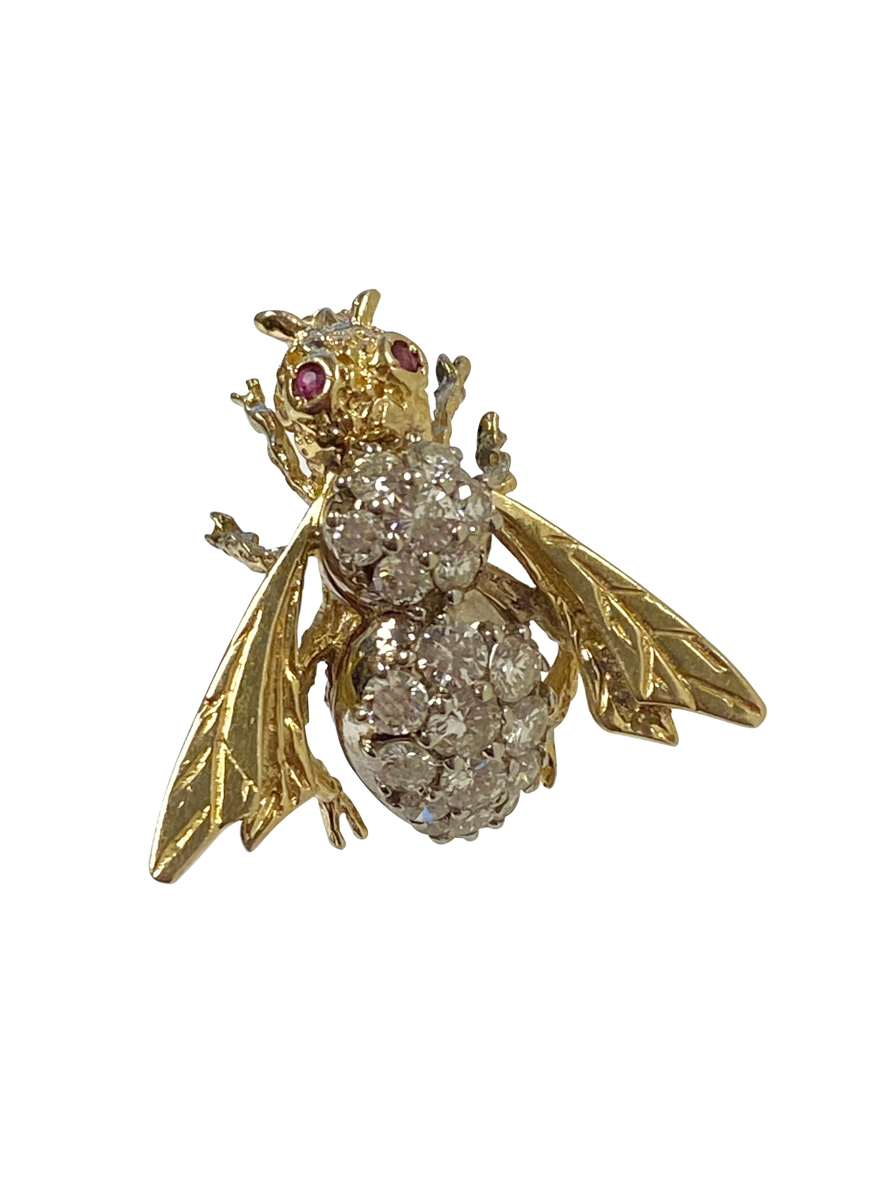 Round Cut Yellow Gold and Diamond Bee Brooch