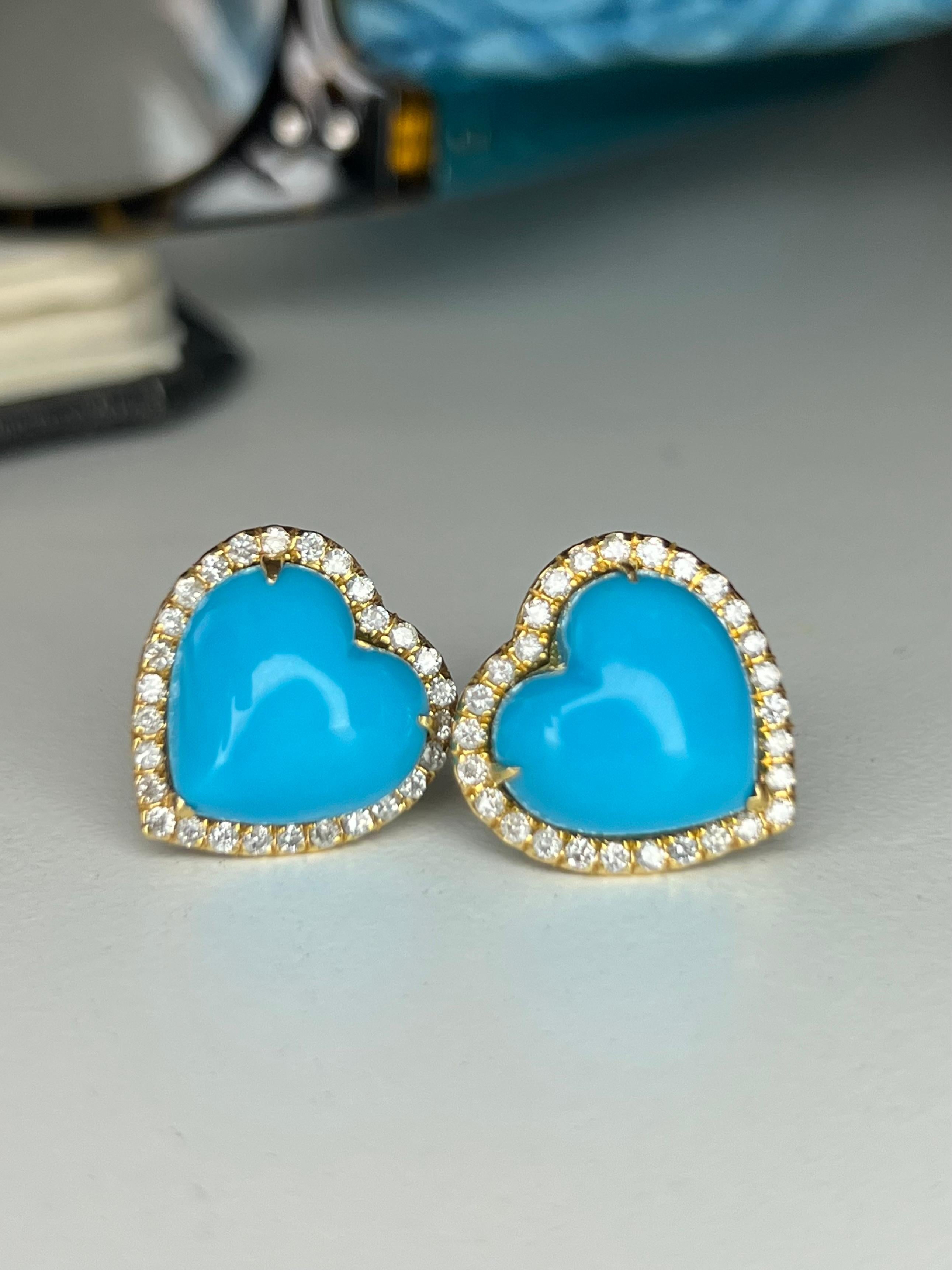 18K yellow gold and diamond earring featuring bubblegum heart shaped, sleeping beauty  turquoise. 

Features
18K yellow gold
.50 carat total weight in diamonds
10.46 carat total weight sleeping beauty turquoise
Post earrings includes monster backs