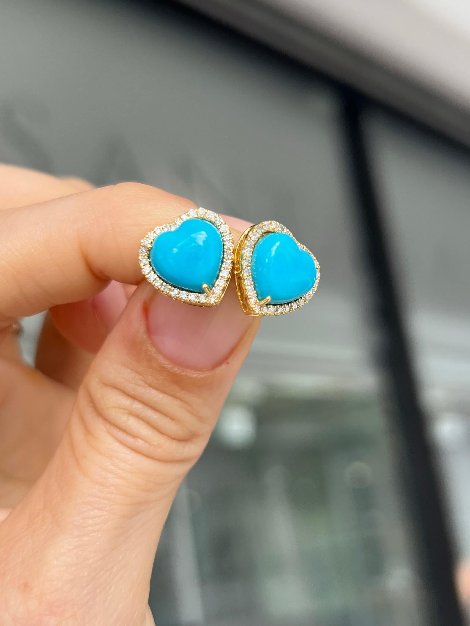 Modern Yellow Gold and Diamond Bubblegum Heart Sleeping Beauty Turquoise Earrings For Sale
