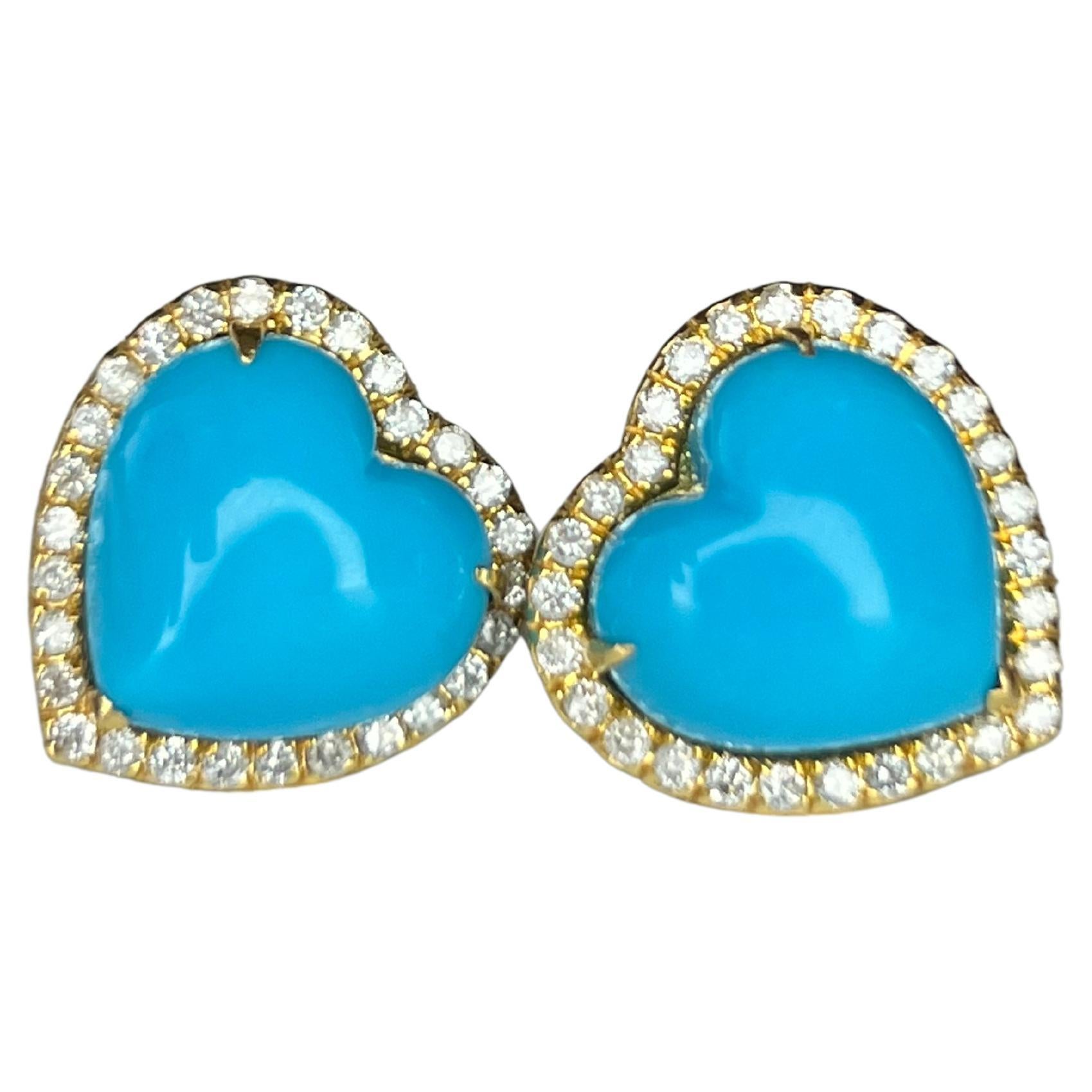 Yellow Gold and Diamond Bubblegum Heart Sleeping Beauty Turquoise Earrings For Sale