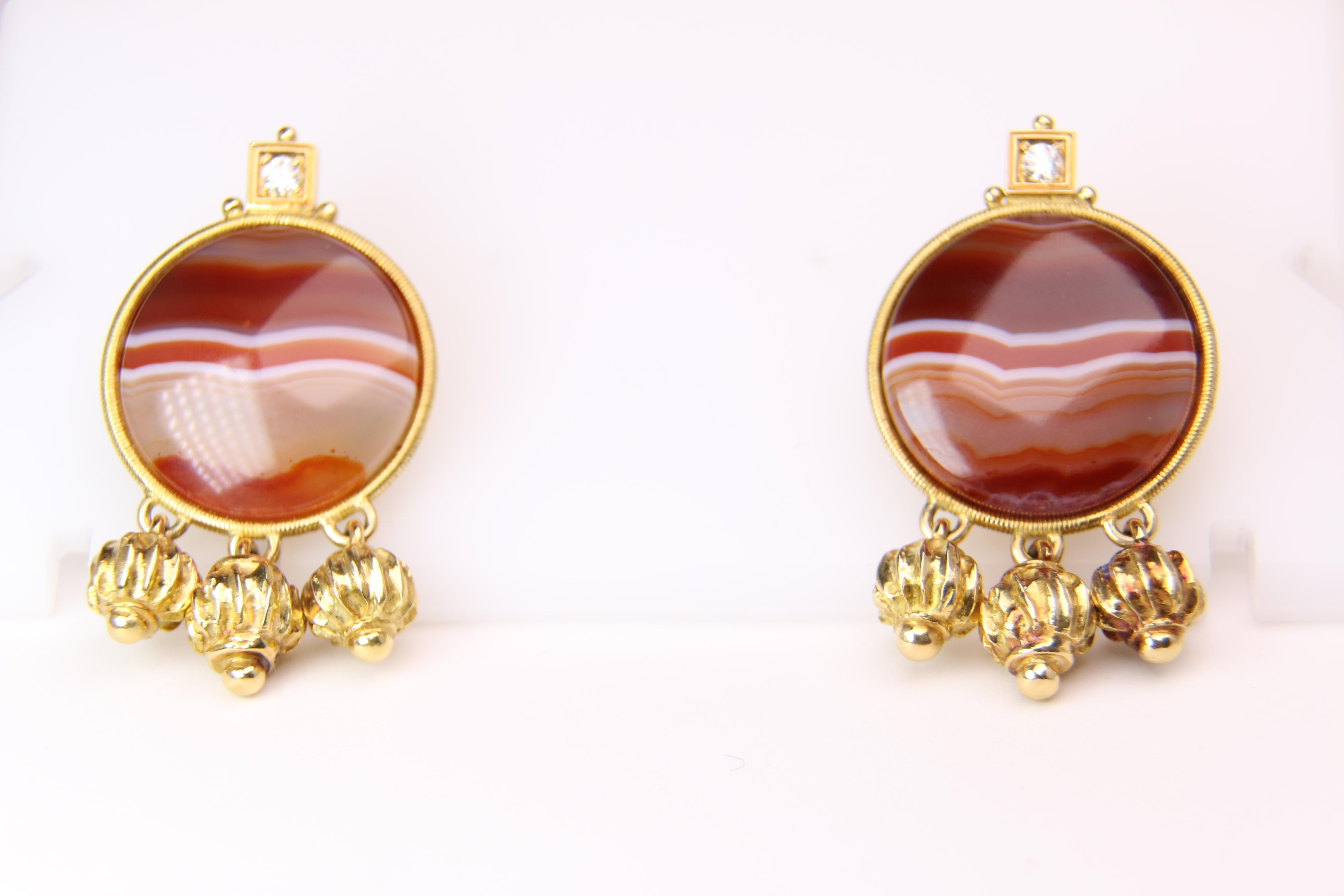 Women's Yellow Gold and Diamond Carnelian Elizabeth Gage Earrings For Sale