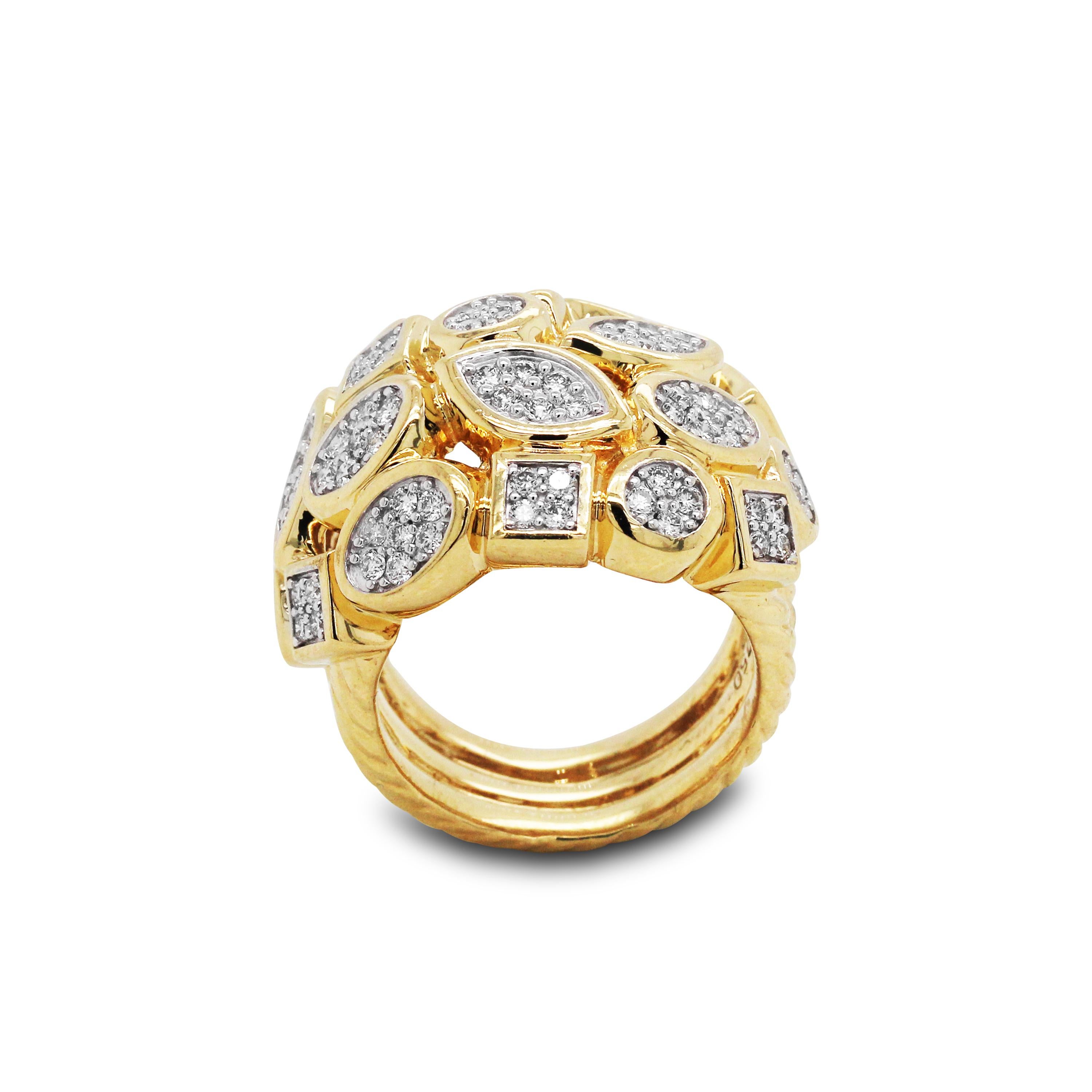 18K Yellow Gold and Diamond Cluster Ring

Beautiful hand made ring with unique design

1.40 carat diamonds total weight

Ring face is 0.80 inch width
0.45 inch band width

Ring is a size 7.5. Sizable.