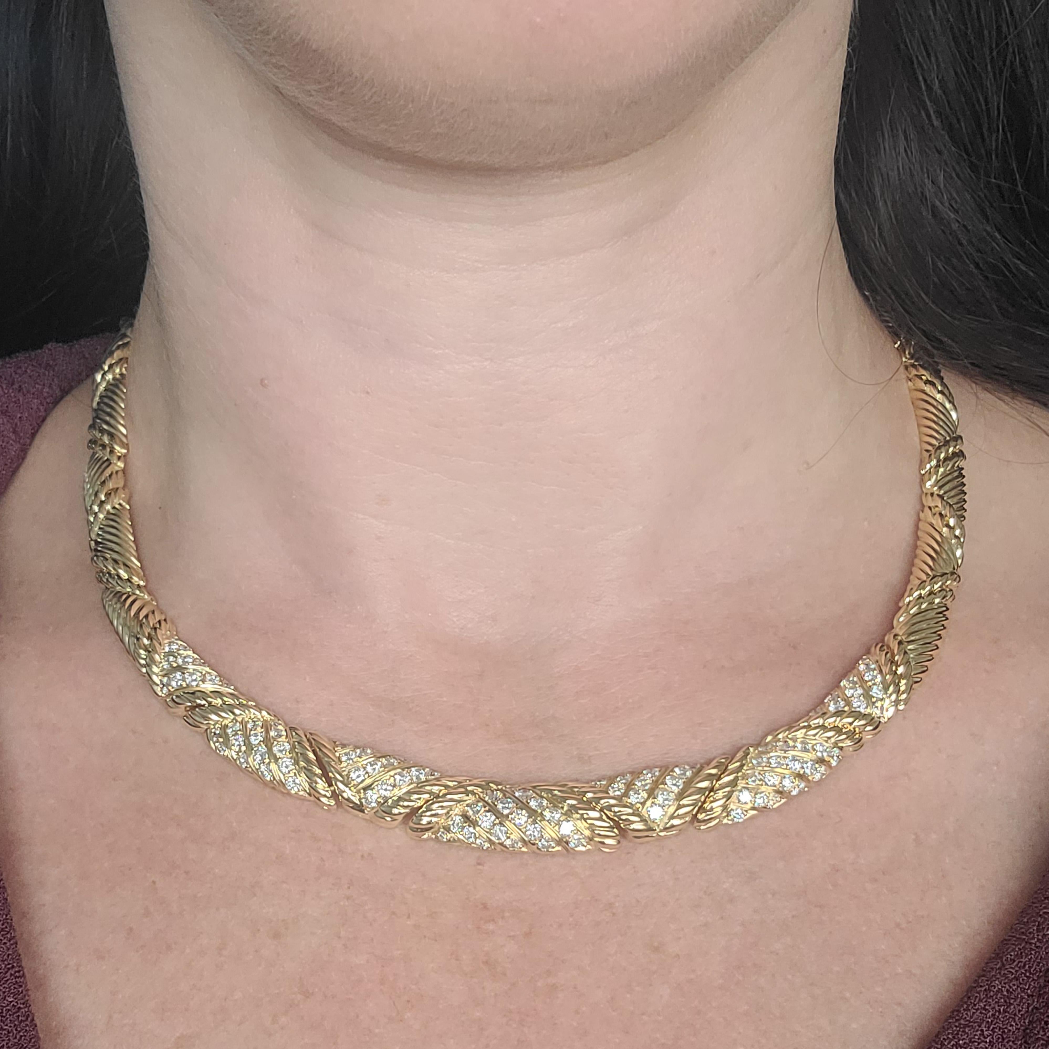 Heavy 18 Karat Yellow Gold Carved Collar Necklace Featuring 100 Round Brilliant Cut Diamonds of VS Clarity and G/H Color Totaling Approximately 3.00 Carats. 16 Inches Long With Hidden Clasp and Safety. Finished Weight Is 61.3 Grams.