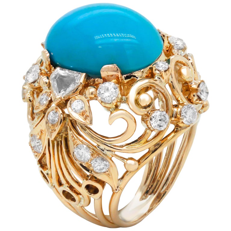 Bague Dôme En Or Jaune 18 Carats Avec Turquoises – Taille 49 – Occasion Authentique