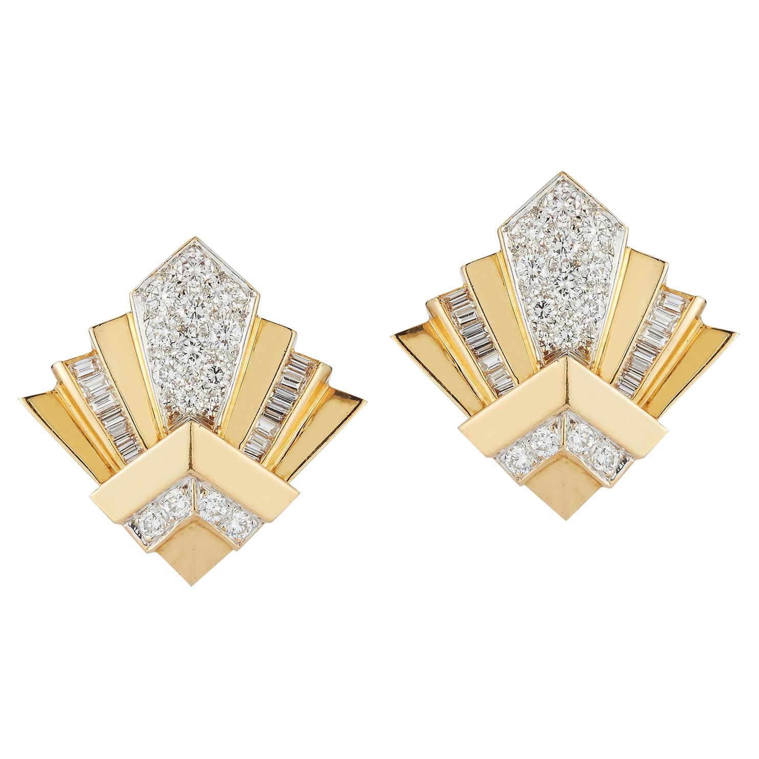Yellow Gold and Diamond Geometric Earrings For Sale
