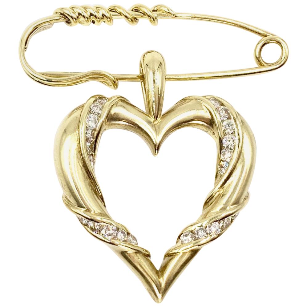 Yellow Gold and Diamond Heart Brooch or Pendant