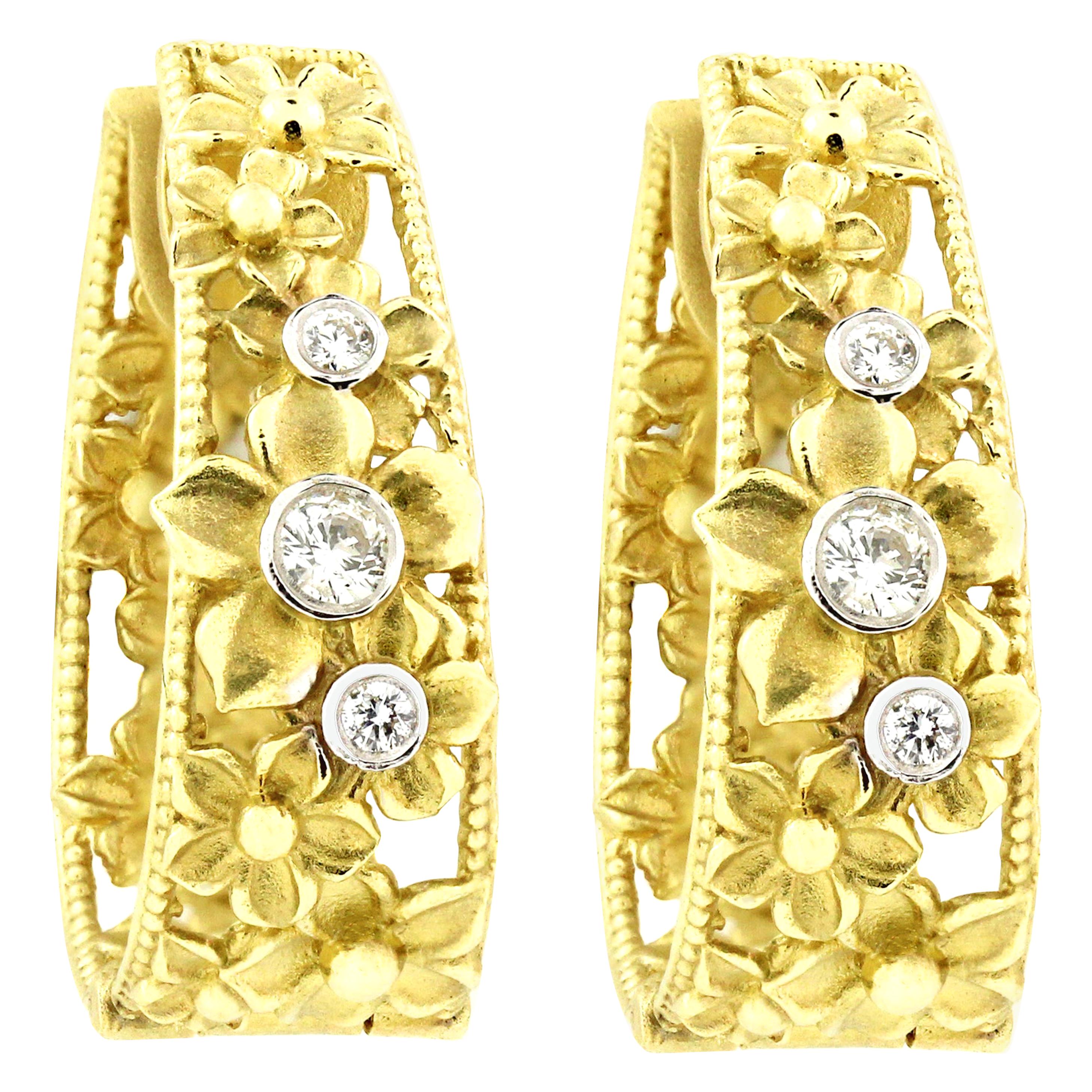 Yellow Gold and Diamond Hoop Flower Earrings Stambolian