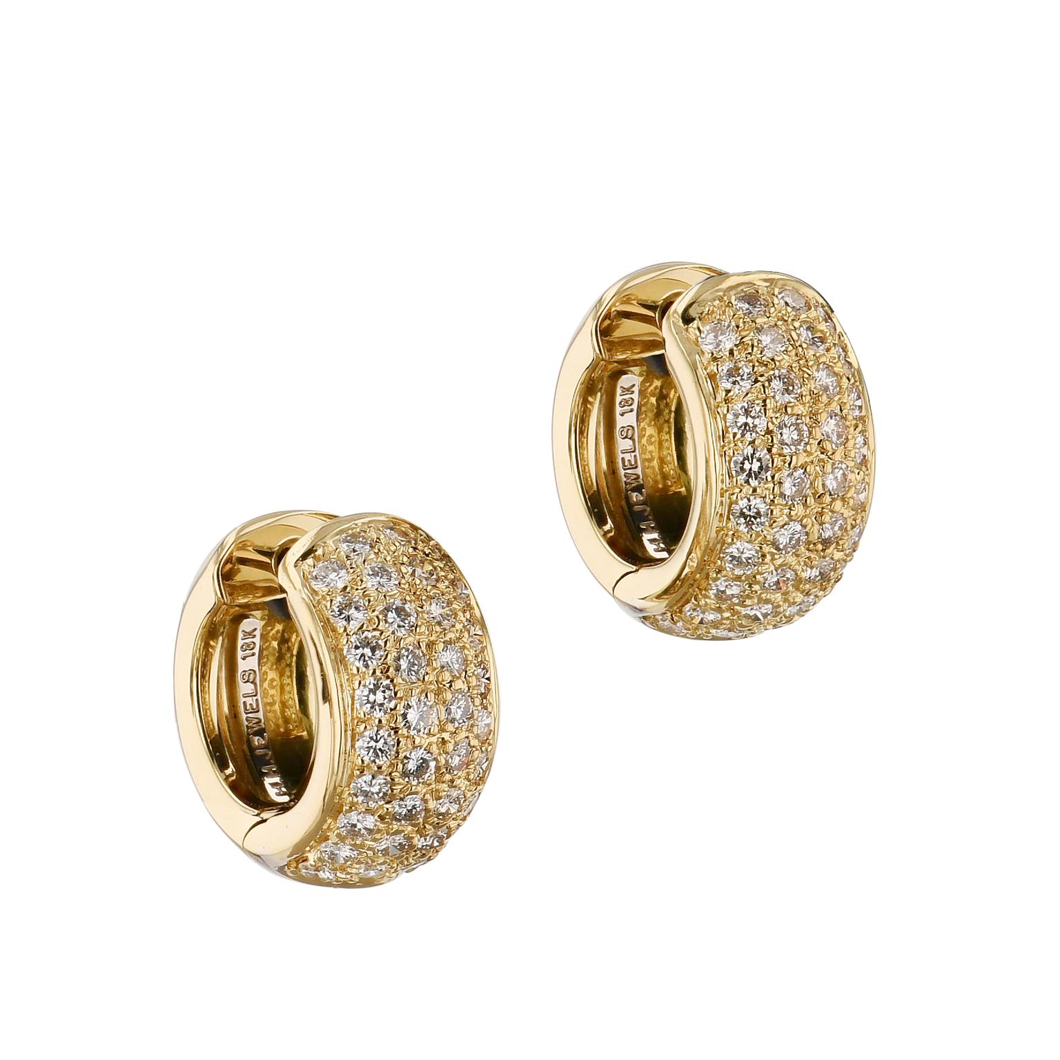 Give your ear a hug! Especially with 18 karat yellow gold “Huggie” earrings embellished in 1.13 carats of pave set diamonds (H-VS).