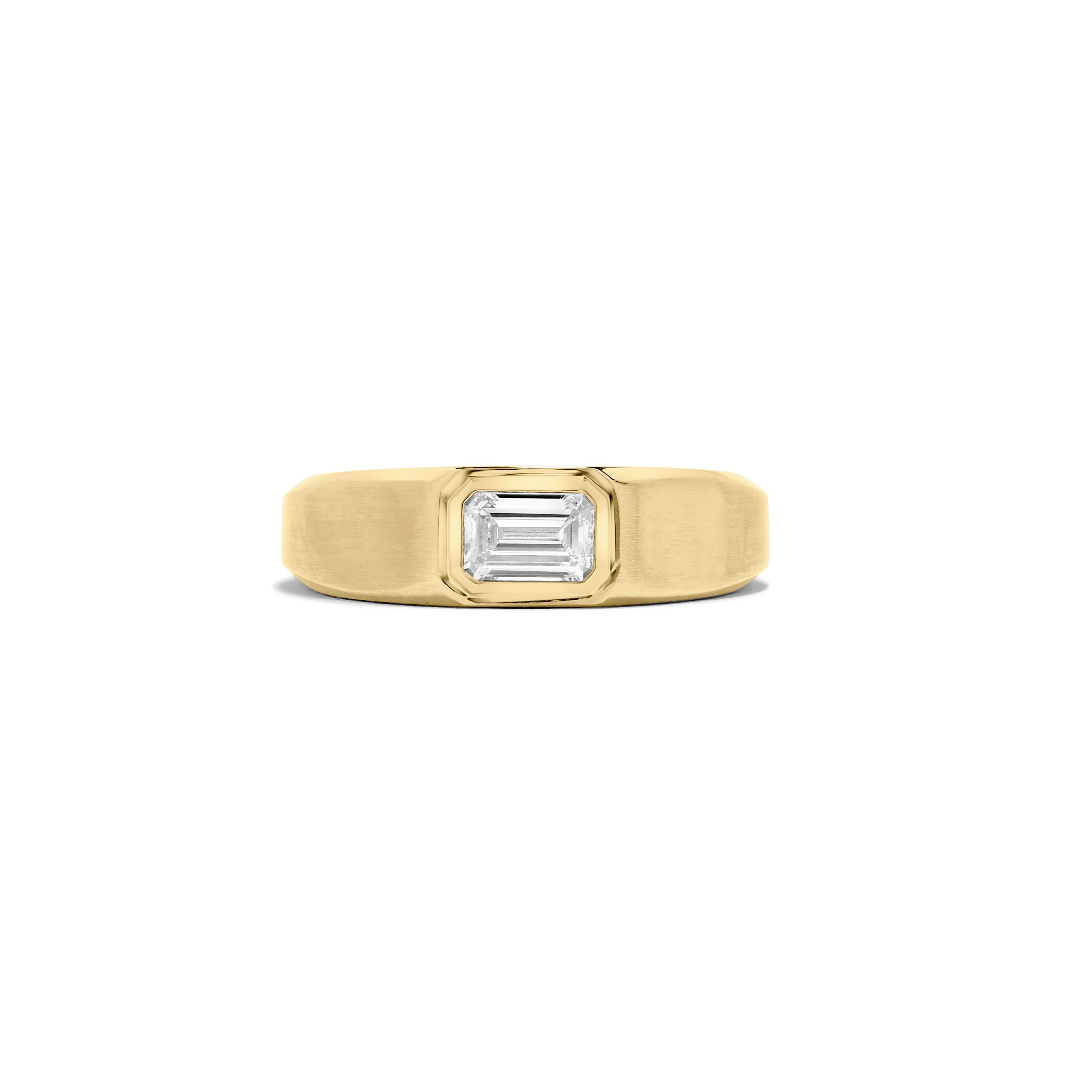 This Men's Dome ring features 0.66 carat GIA certified emerald cut J VS2 diamond set in 18k yellow gold. Size 9. Resizable upon request. 