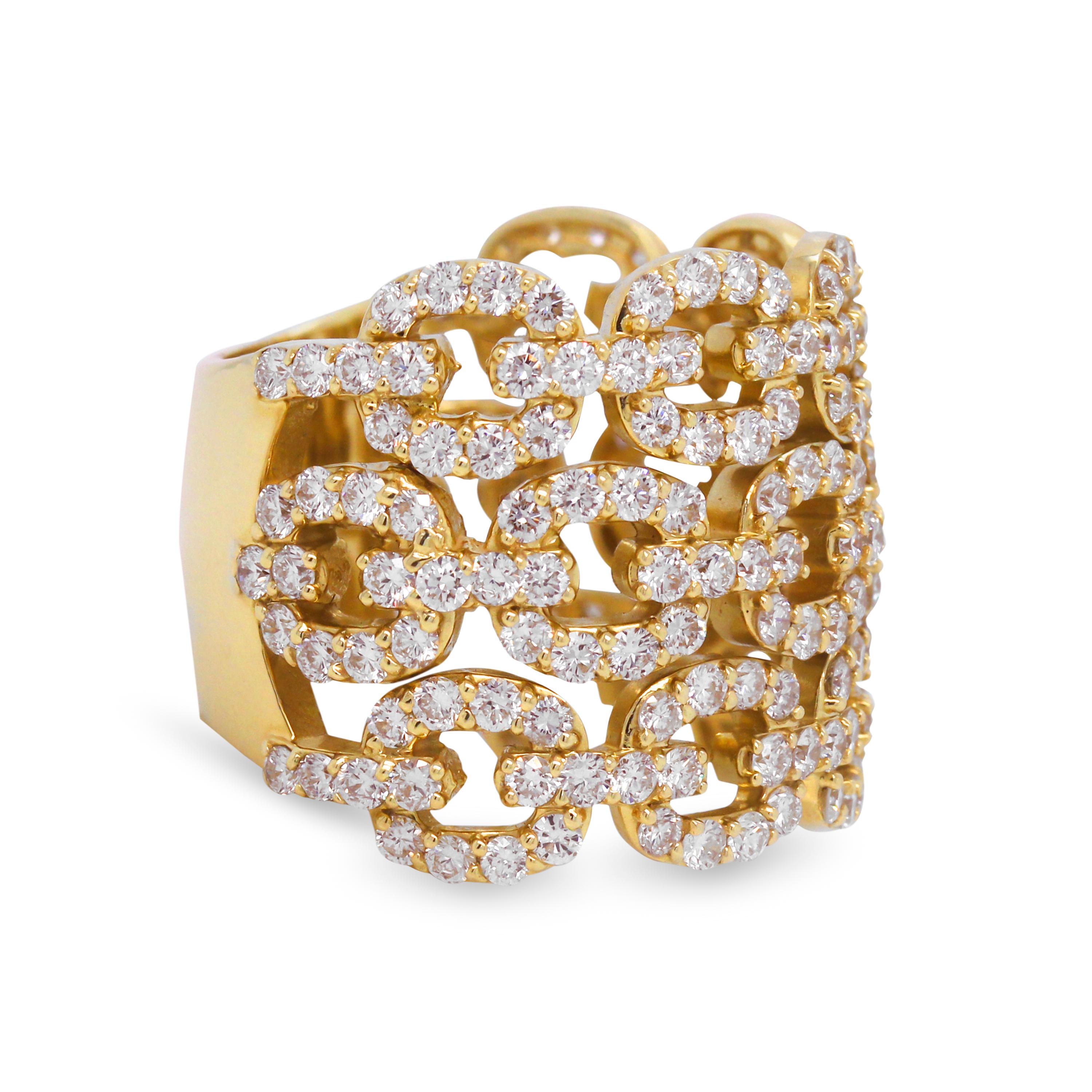 Contemporary Yellow Gold and Diamond Oval Link Wide Band Ring For Sale