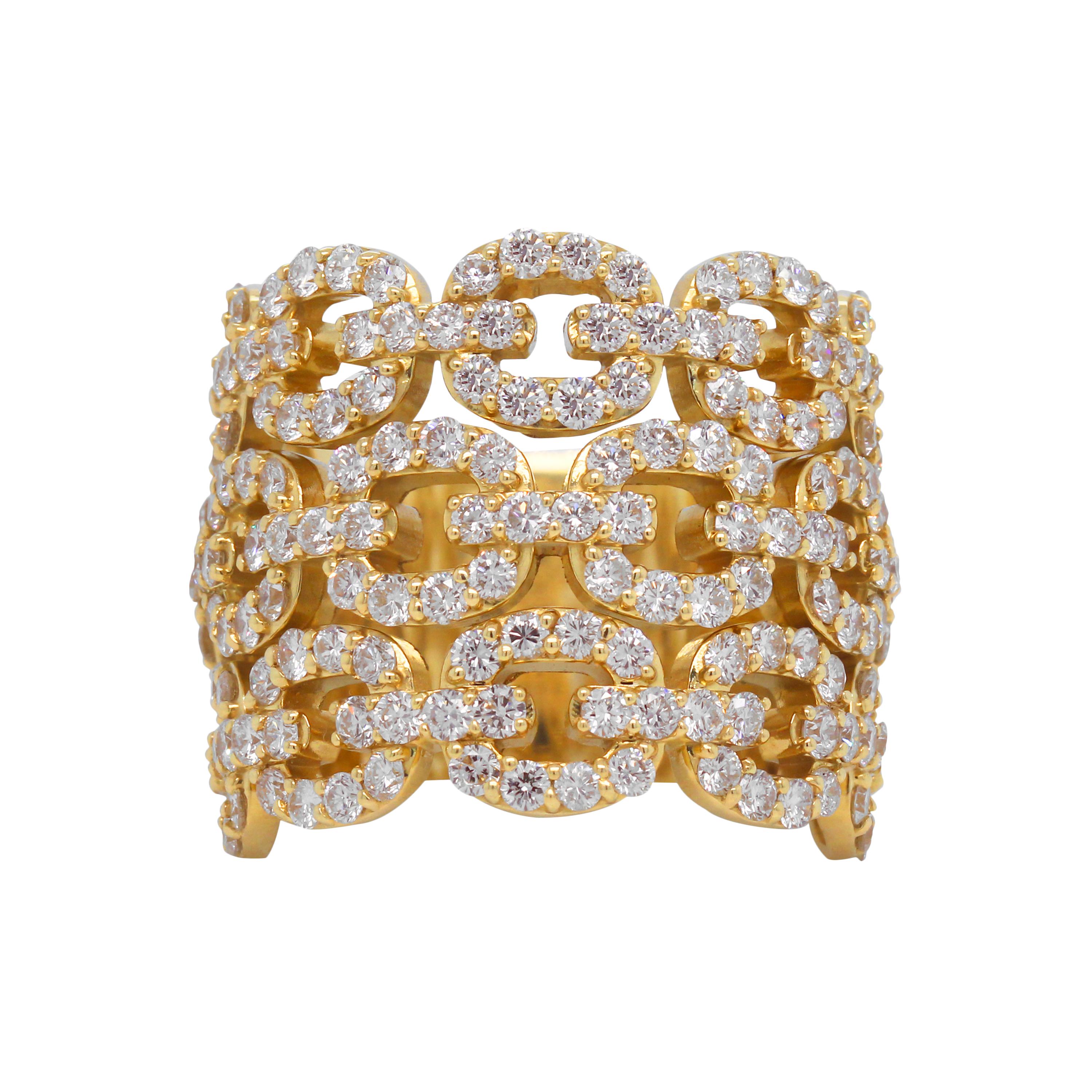 Round Cut Yellow Gold and Diamond Oval Link Wide Band Ring