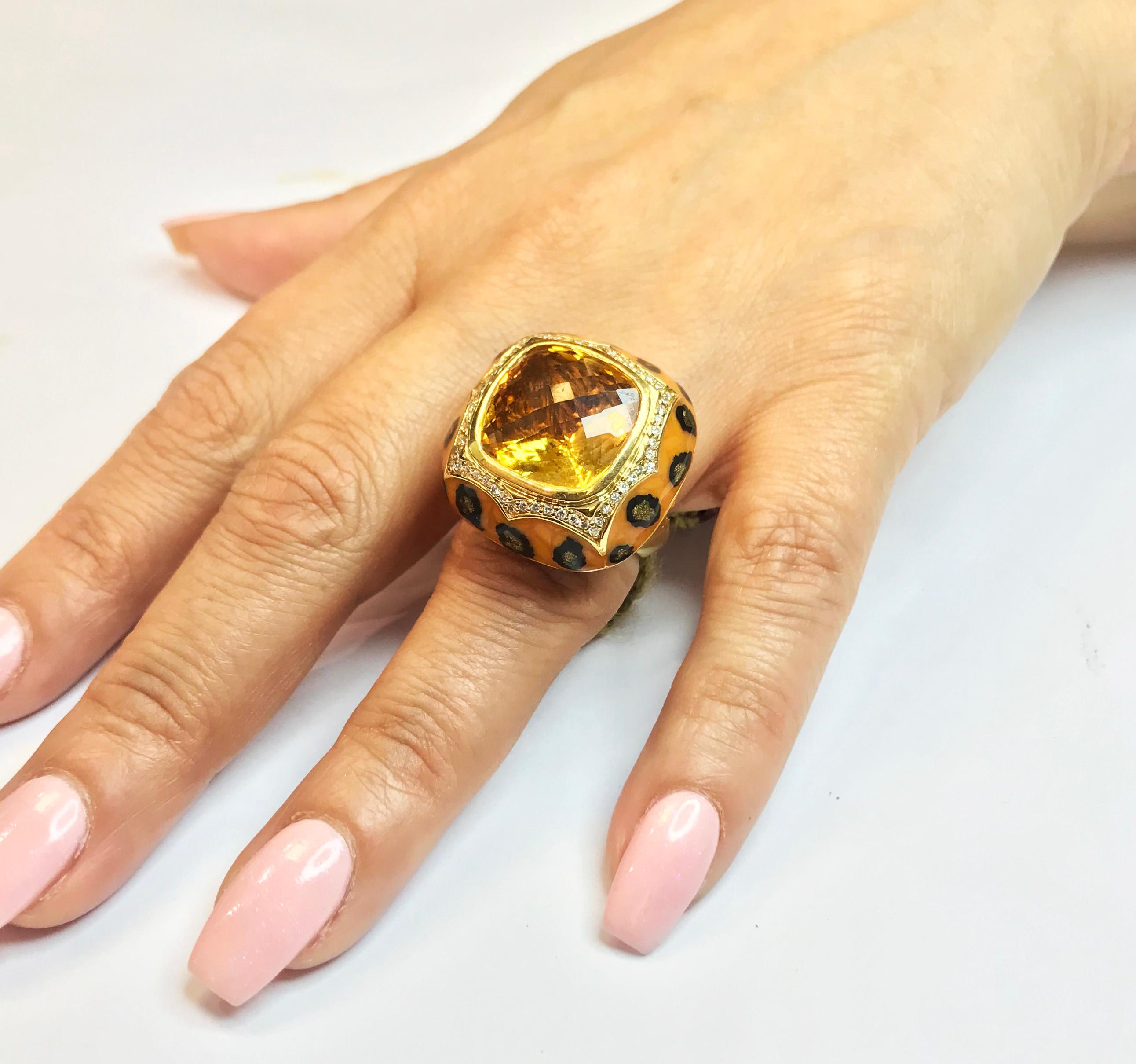 Round Cut Yellow Gold and Diamond Ring with Citrine Center and Enamel Haggai