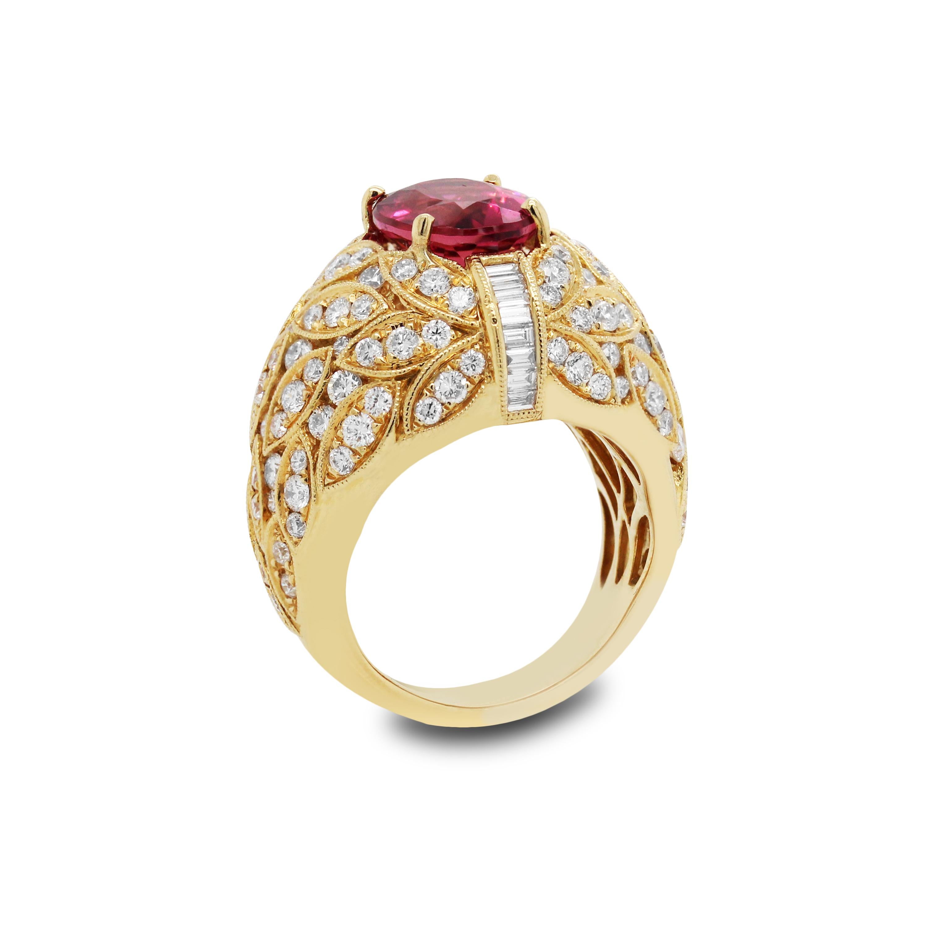 18K Yellow Gold and Diamond Ring with Rubellite Tourmaline Center

Truly remarkable Rubellite Tourmaline center. Exceptional color and quality. 3.93 carat.

4 carat apprx. in diamonds. Round and baguette cuts.

Ring face is 0.75 inch in width
0.50