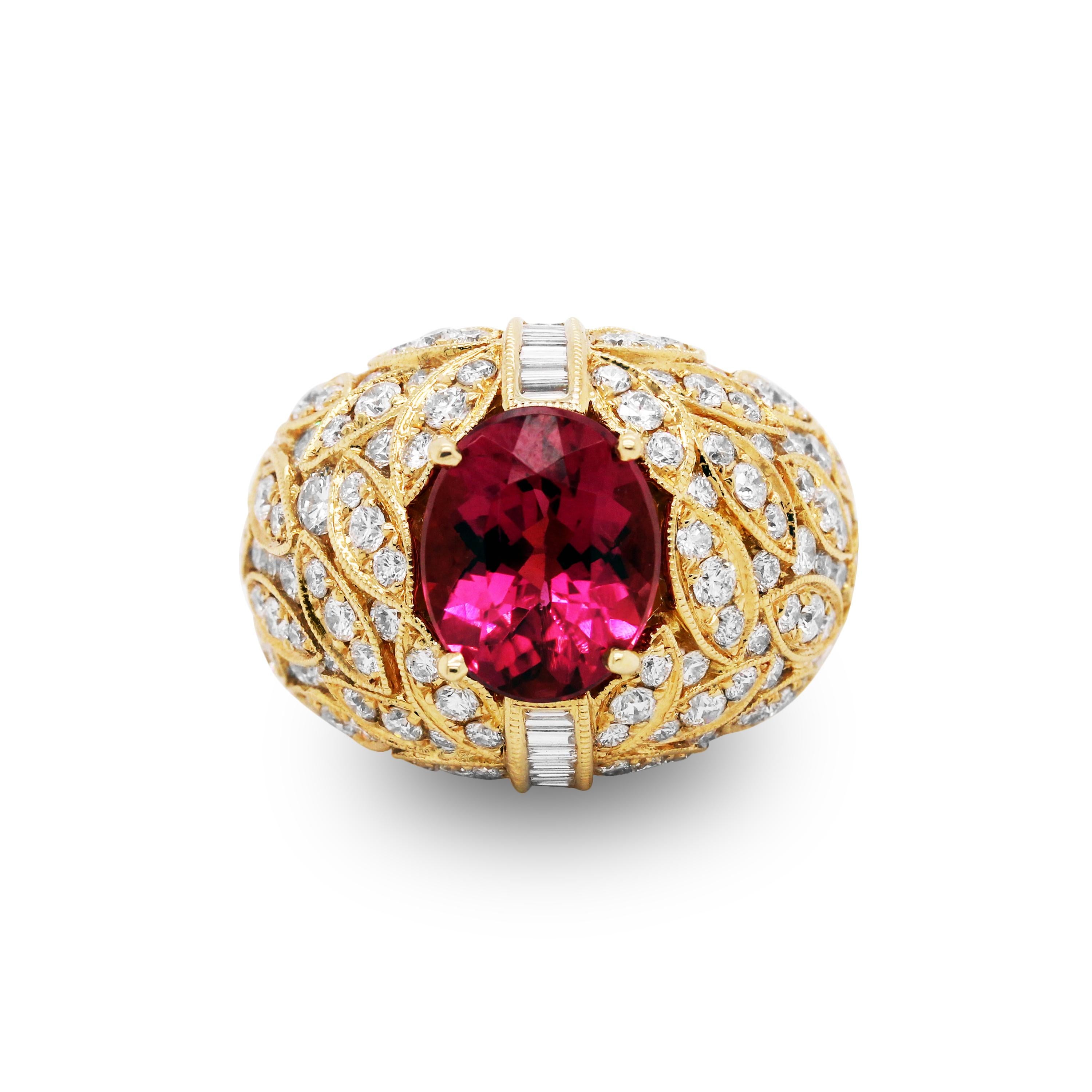 Oval Cut Yellow Gold and Diamond Ring with Rubellite Tourmaline Center