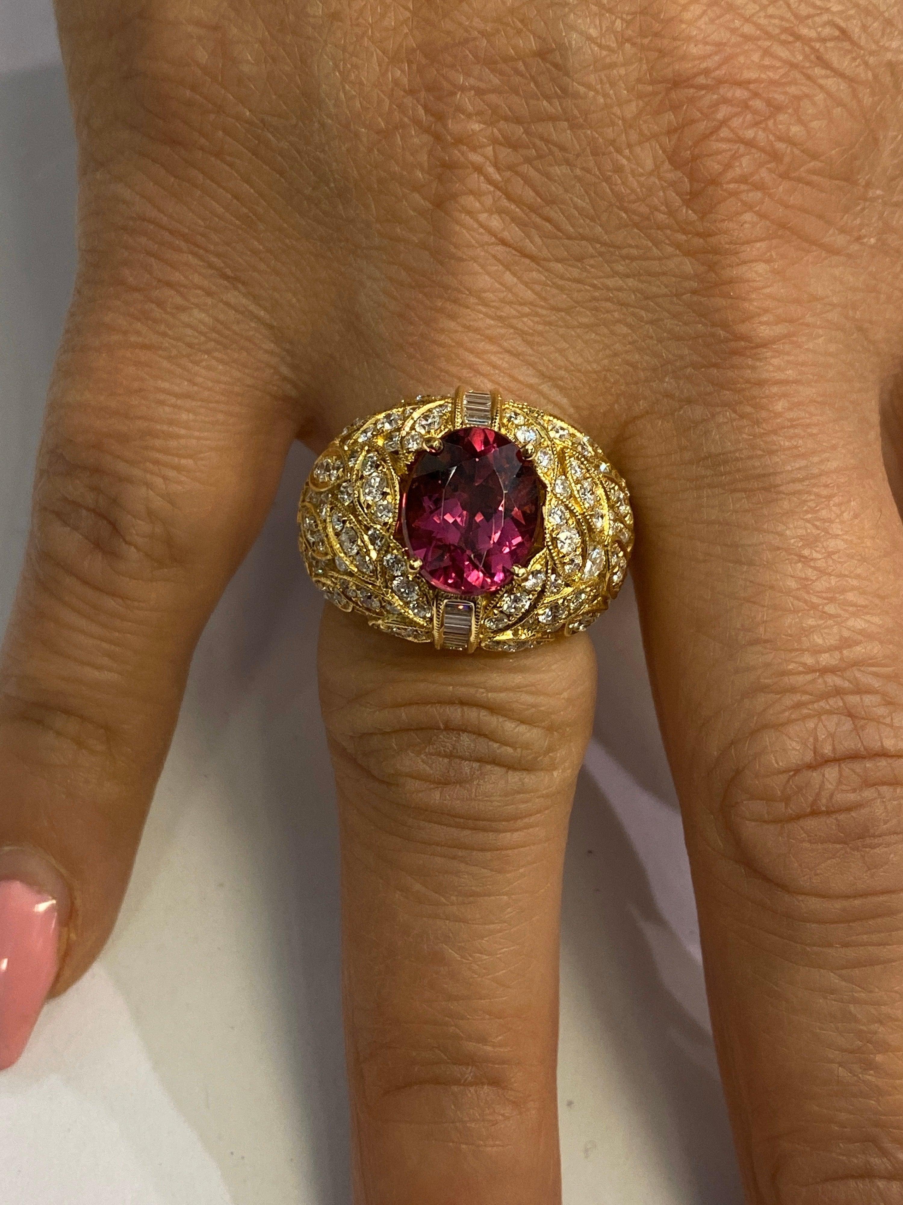 Women's Yellow Gold and Diamond Ring with Rubellite Tourmaline Center