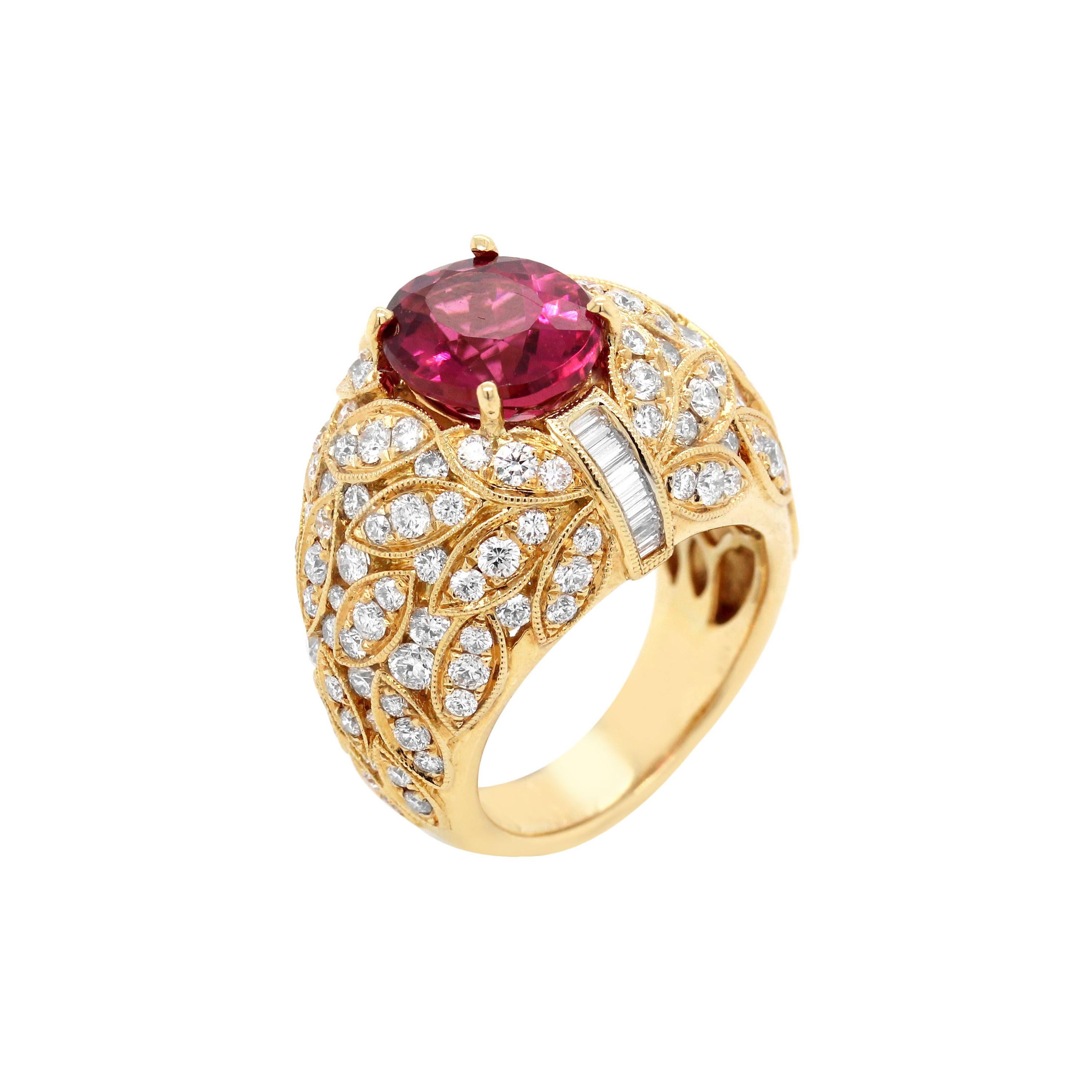 Yellow Gold and Diamond Ring with Rubellite Tourmaline Center