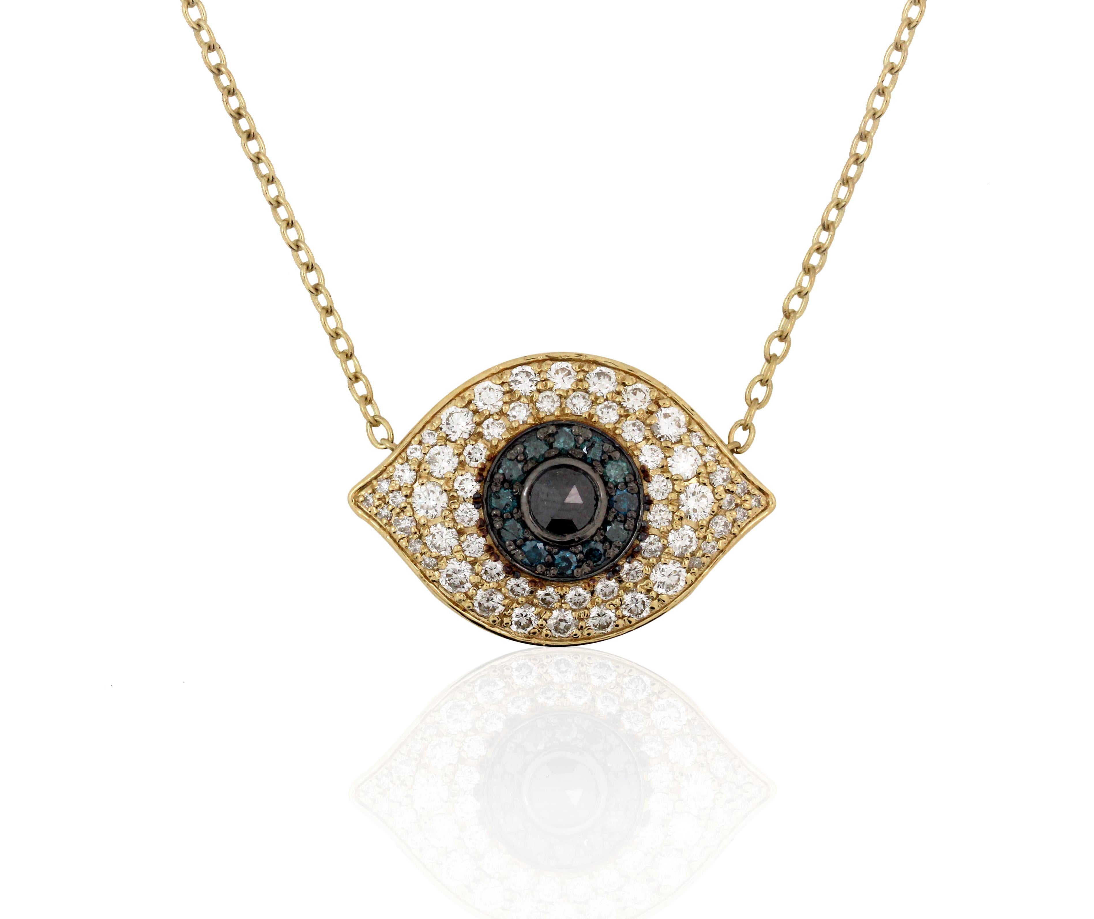 14K Yellow Gold Diamond Sapphire Black Diamond Large Evil Eye Pendant Necklace

1.19 carat G color, SI clarity diamonds. 0.28 carat Blue Sapphire. 0.26 carat Black Diamond

8.05 grams 14K gold

Pendant is 0.7 inch length x 1 inch width 

Chain is 17