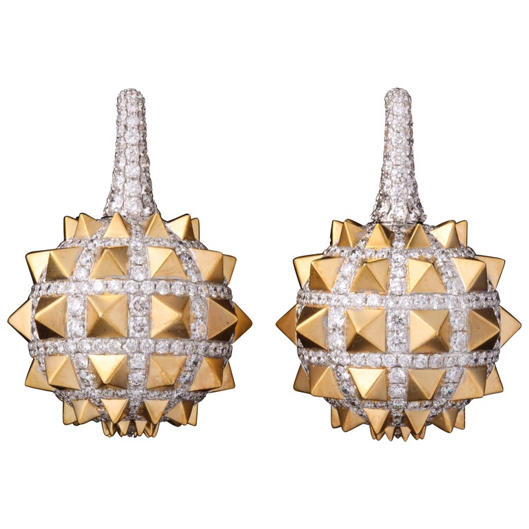Yellow Gold and Diamond Spike Earrings For Sale