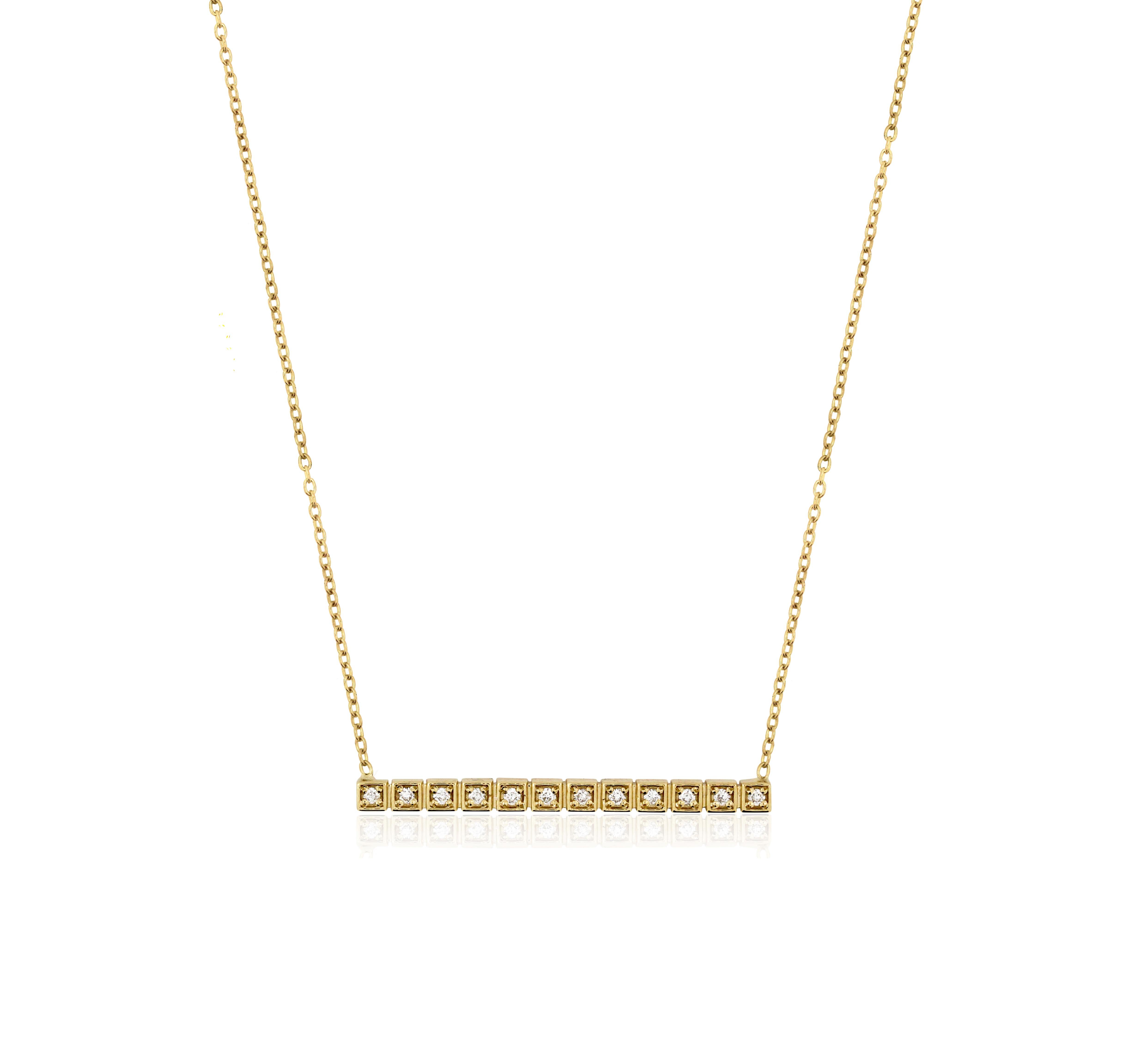 14K Yellow Gold and Diamond Straight Bar Pendant Necklace

0.11 carat G color, VS clarity diamonds (12 diamonds total)

3.30 grams 14K gold

Pendant is 1.2 inch length 

Chain is 17 inches in length with option to wear at 16 inches