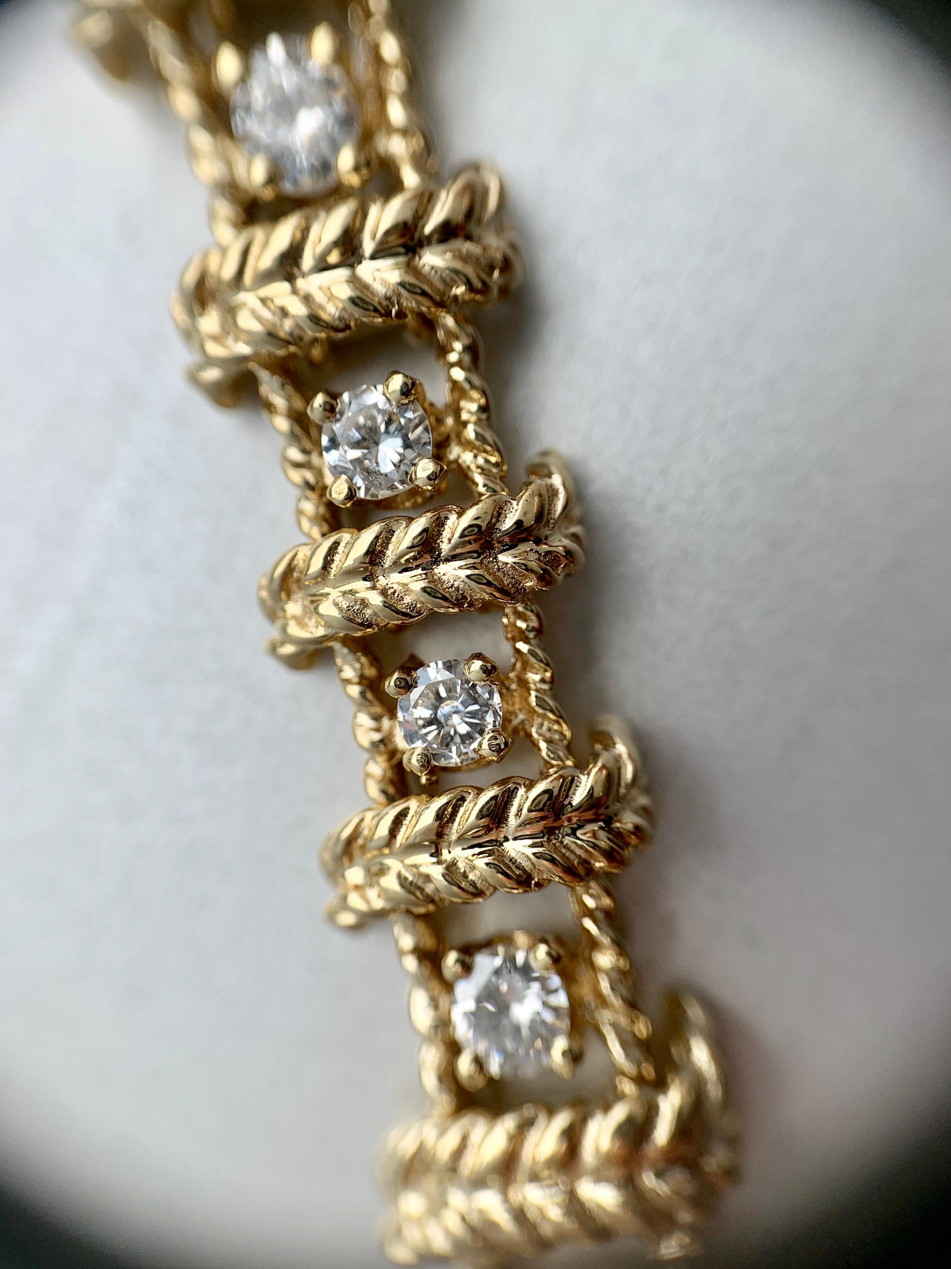 Yellow Gold and Diamond Vintage Leaf Motif Bracelet For Sale 4