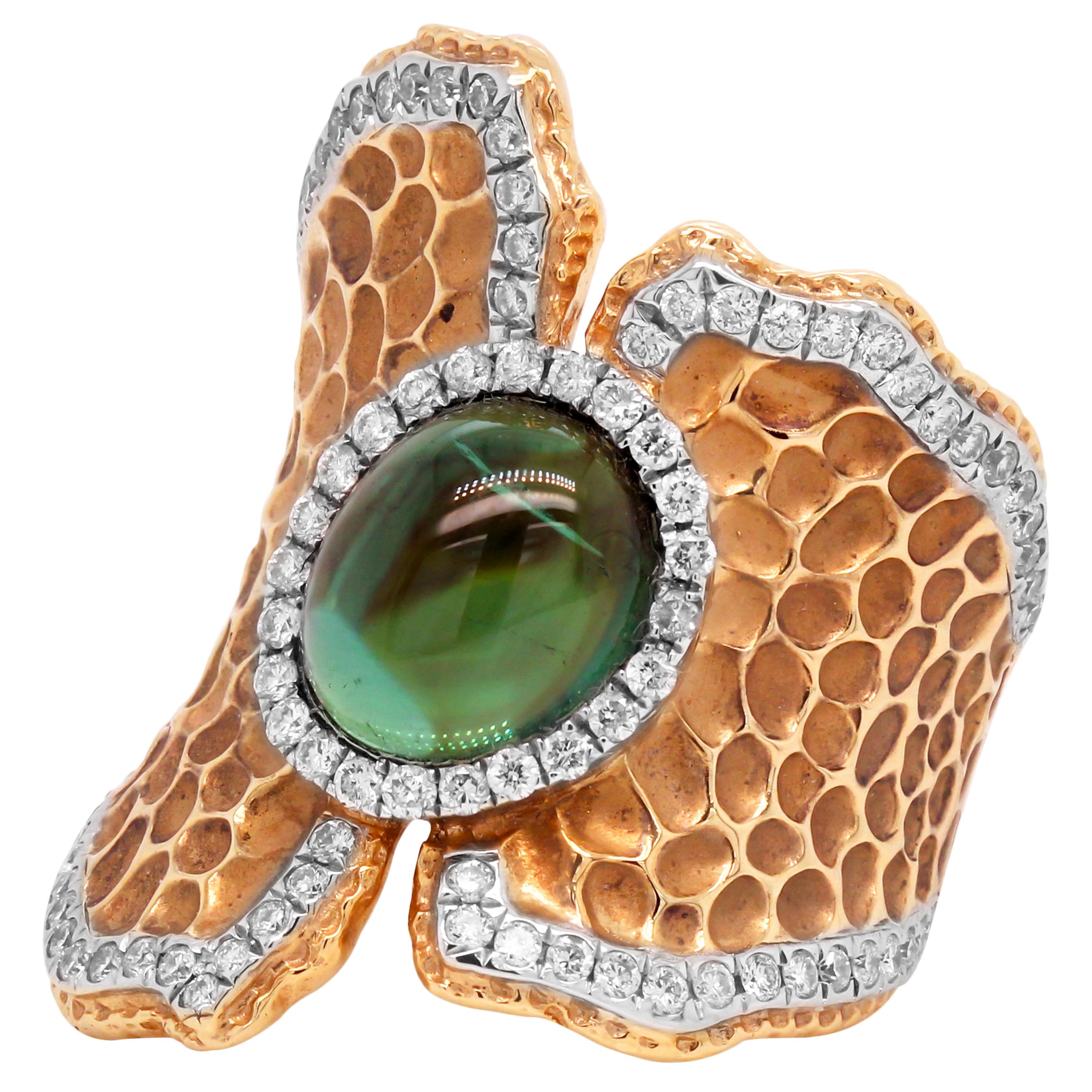 Yellow Gold and Diamond Wide Cocktail Ring with Cabochon Green Tourmaline Center For Sale