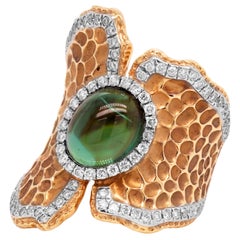 Yellow Gold and Diamond Wide Cocktail Ring with Cabochon Green Tourmaline Center