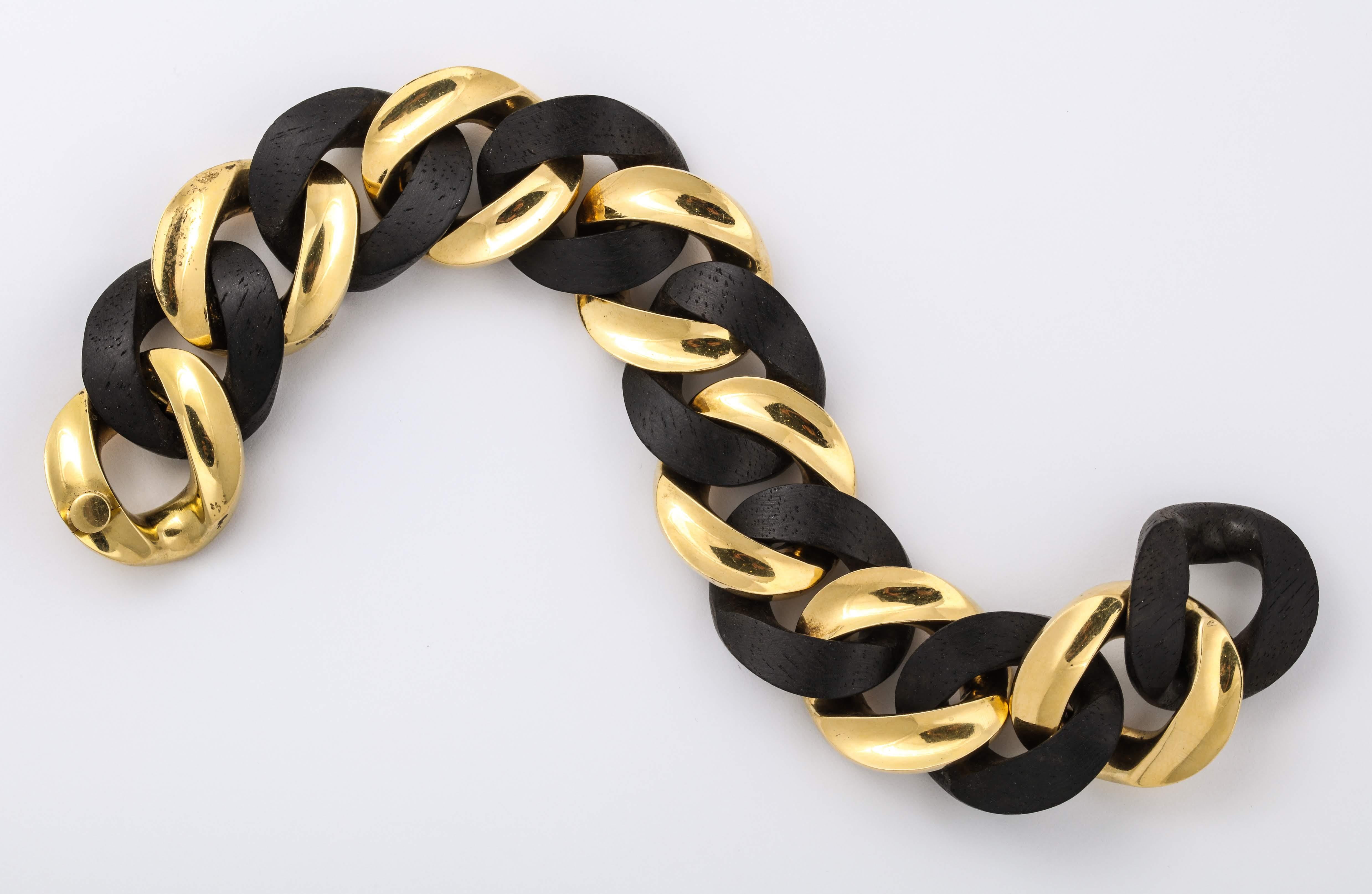 Women's or Men's Yellow Gold and Ebony Wood Curb-Link Bracelet
