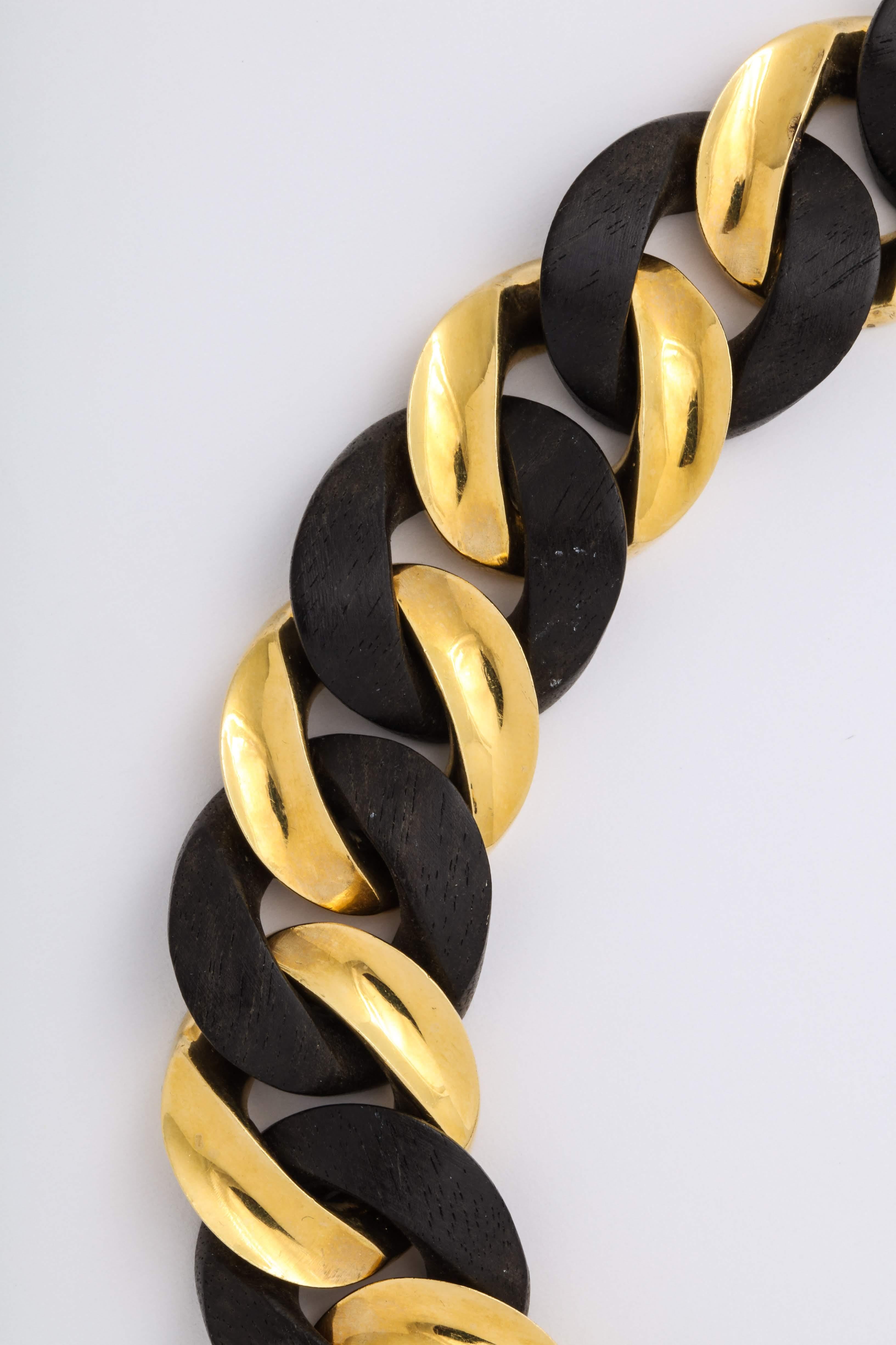 Women's Yellow Gold and Ebony Wood Curb-Link Necklace For Sale