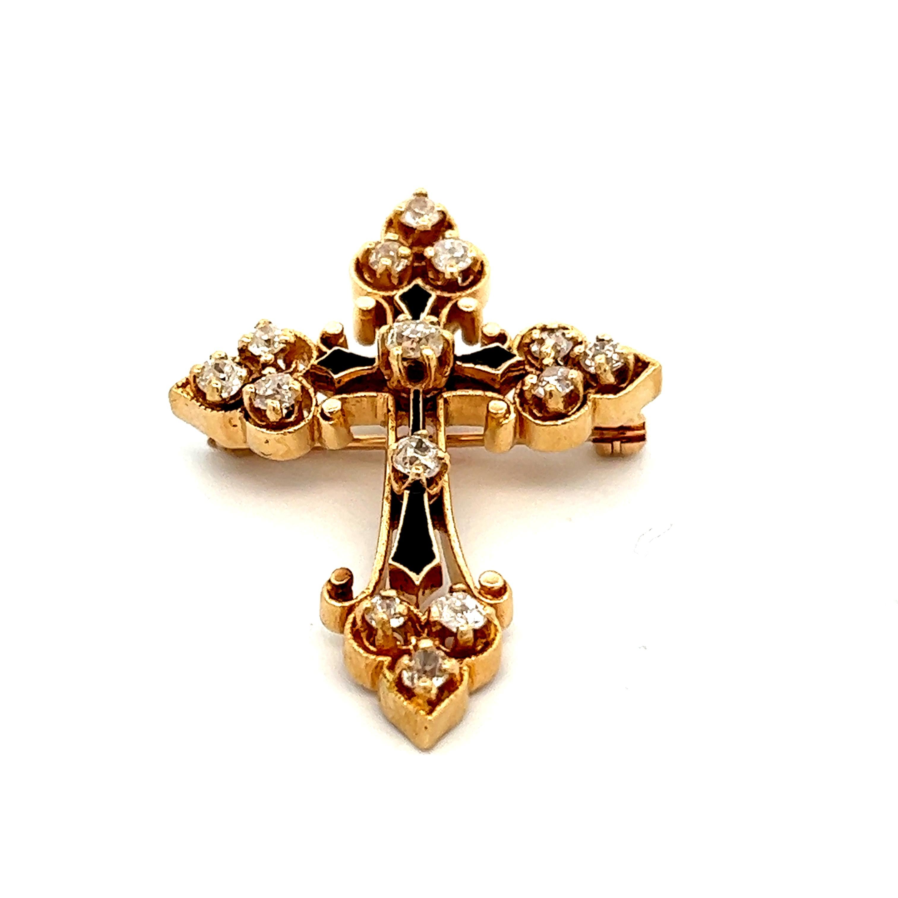 This beautiful yellow gold diamond cross features stunning enamel and a retractable bale. This cross has a unique retractable bale allowing this cross to be worn as both a pin and a pendant, making it the perfect accessory to go with any occasion.