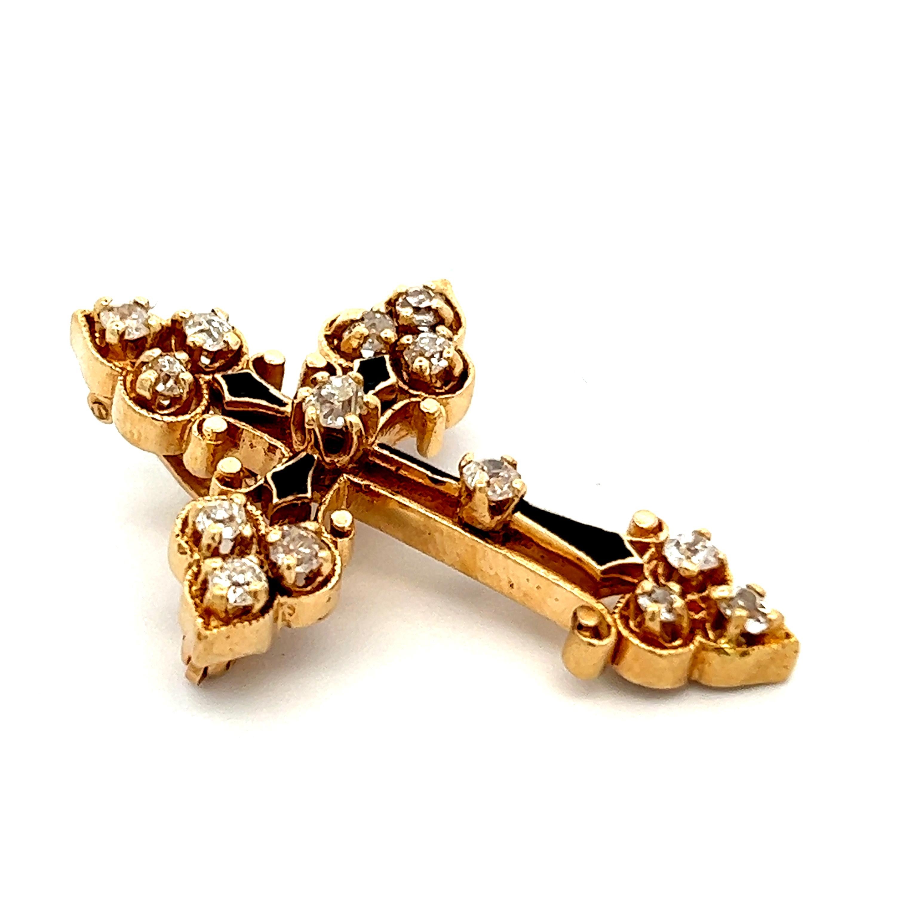 Gelbgold und Emaille Diamant Kreuz Anstecknadel/Anhänger mit abnehmbarem Bale (Rundschliff)