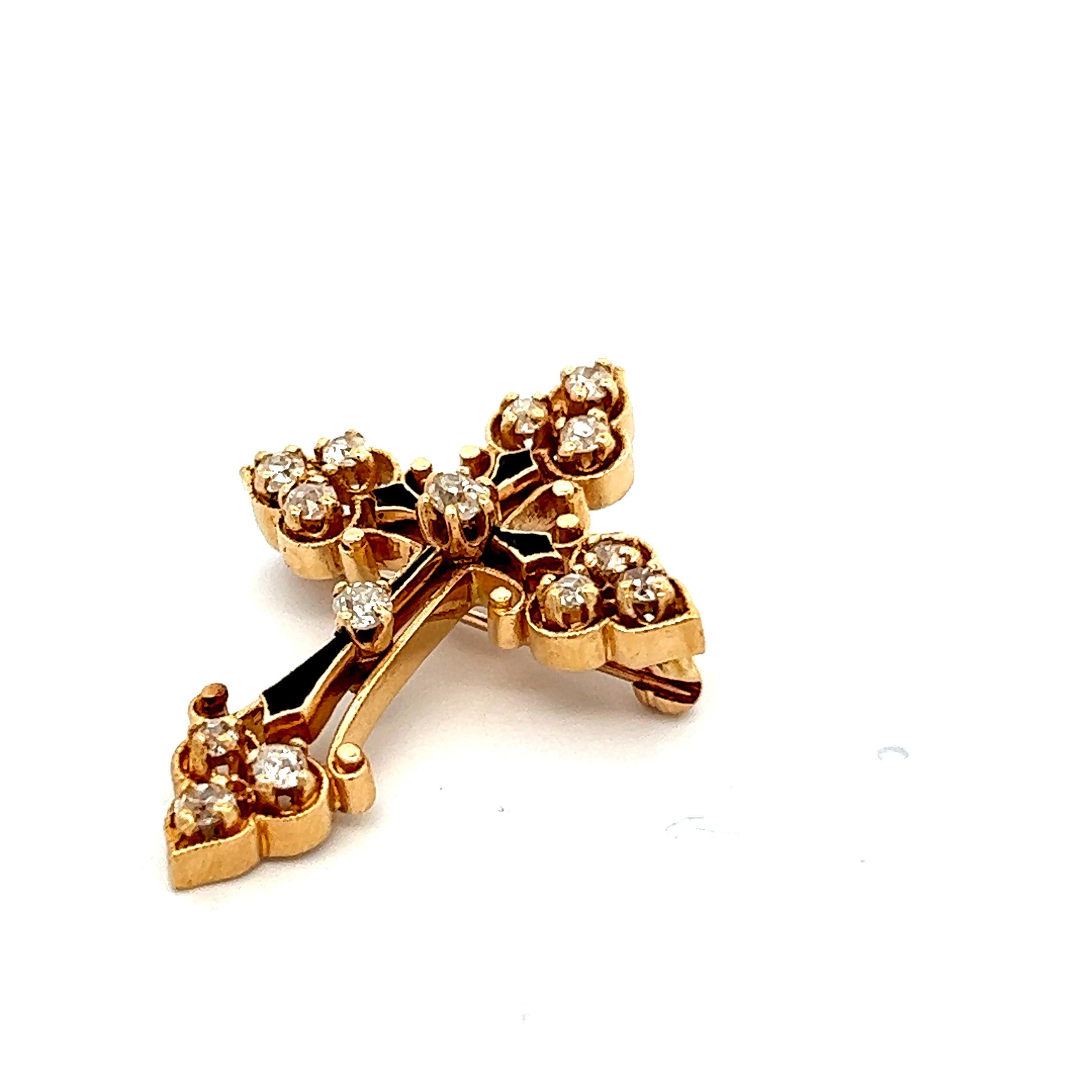 Yellow Gold and Enamel Diamond Cross Pin/Pendant w/ Retractable Bale   In Excellent Condition In Lexington, KY