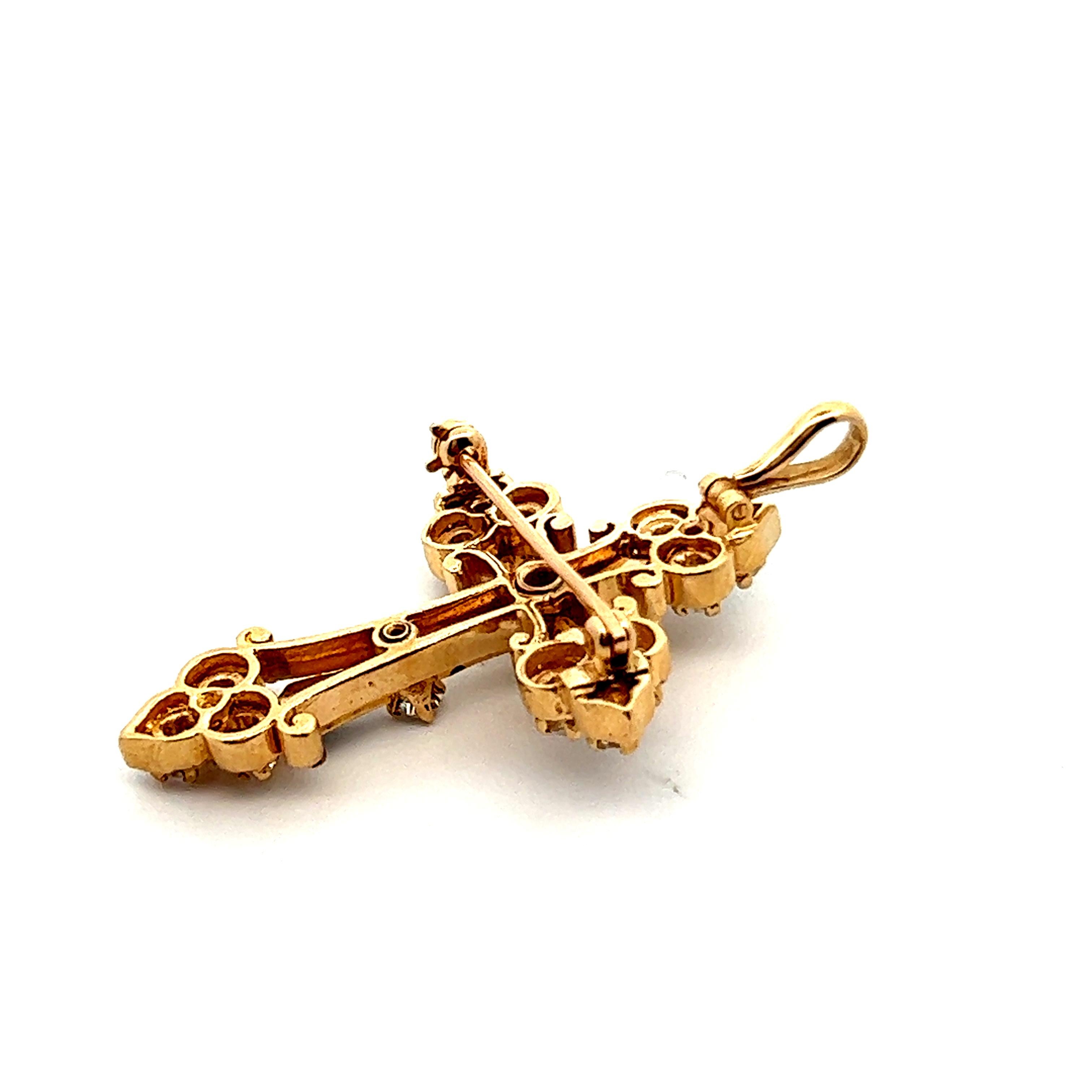 Yellow Gold and Enamel Diamond Cross Pin/Pendant w/ Retractable Bale   3
