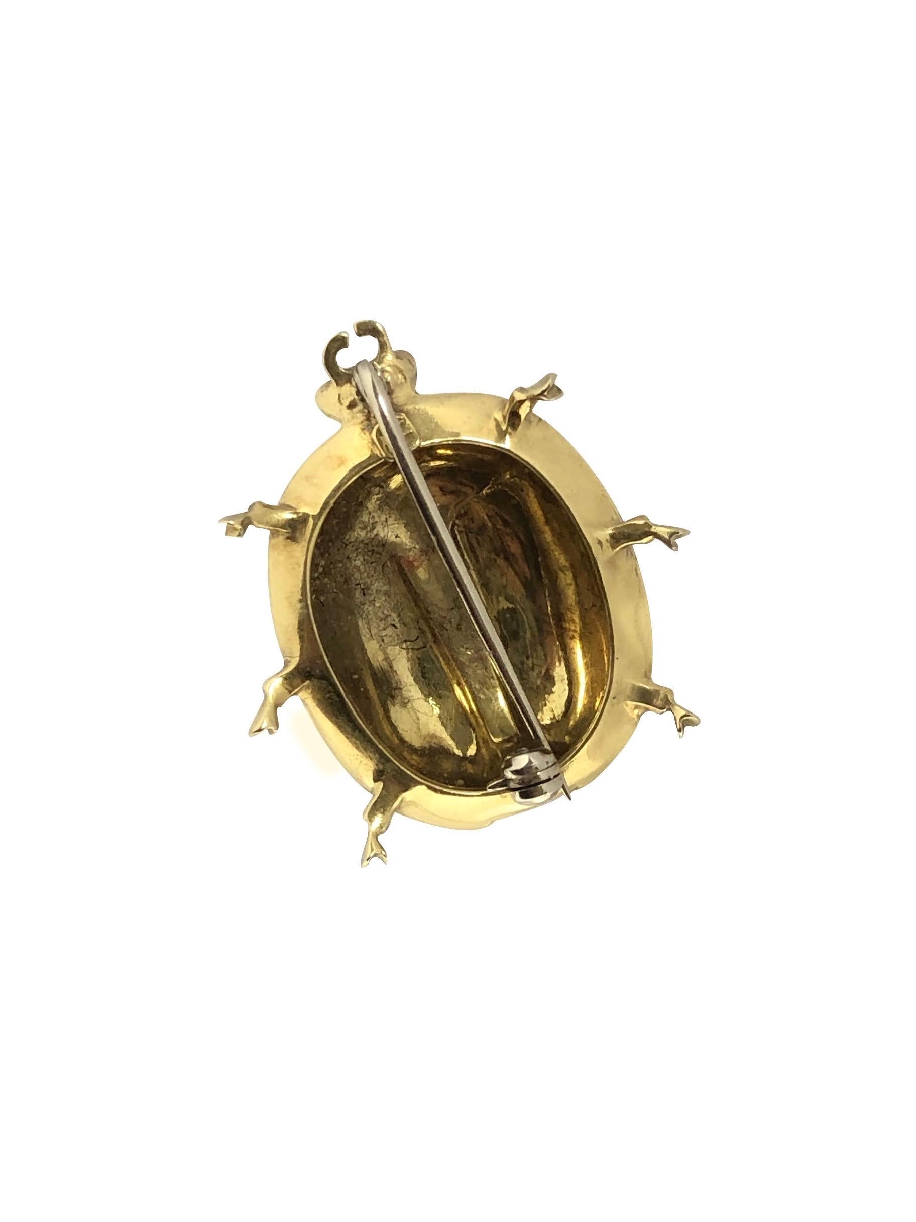 Circa 1990 Lady Bug Brooch, 18K Yellow Gold and exquisitely detailed in Red White and Black Guilloch Enamel. Measuring 1 1/4 X 1 inch and weighing 14.7 Grams.   