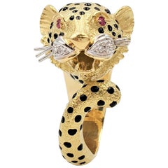 Yellow Gold and Enamel Leopards Head Ring