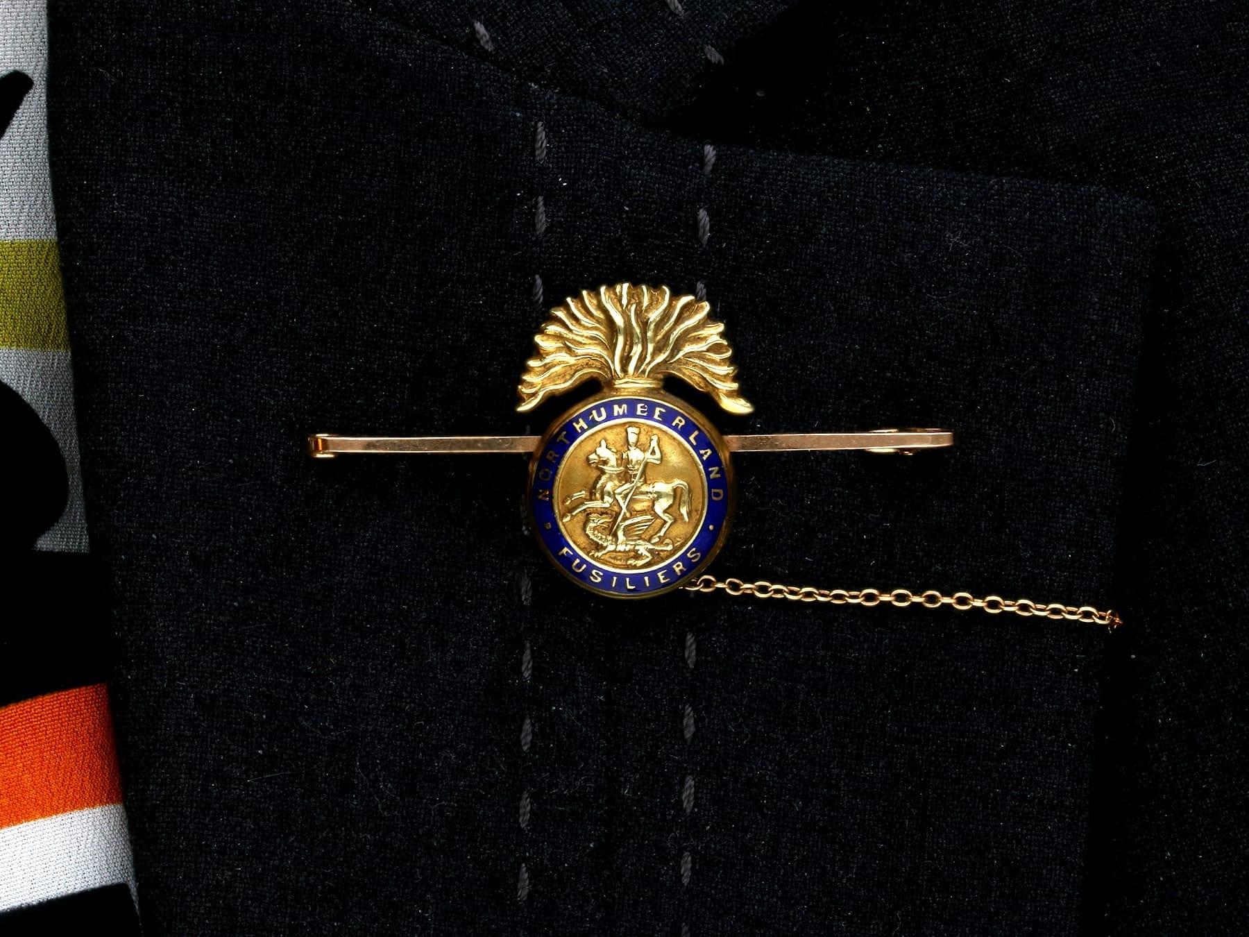Antique Yellow Gold and Enamel Northumberland Fusiliers Brooch For Sale 2