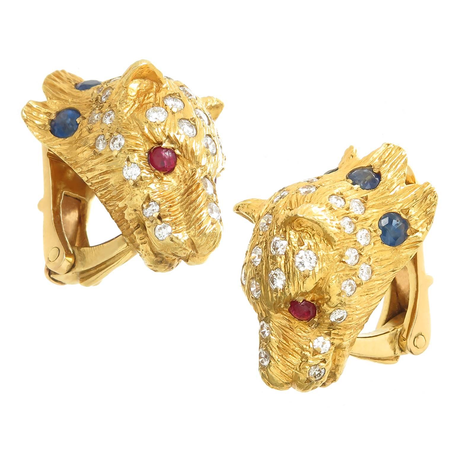 Yellow Gold and Gem Set Cougar Clip Earrings