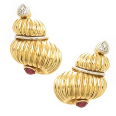 Yellow Gold and Gem Set Large Classy Shell Earrings