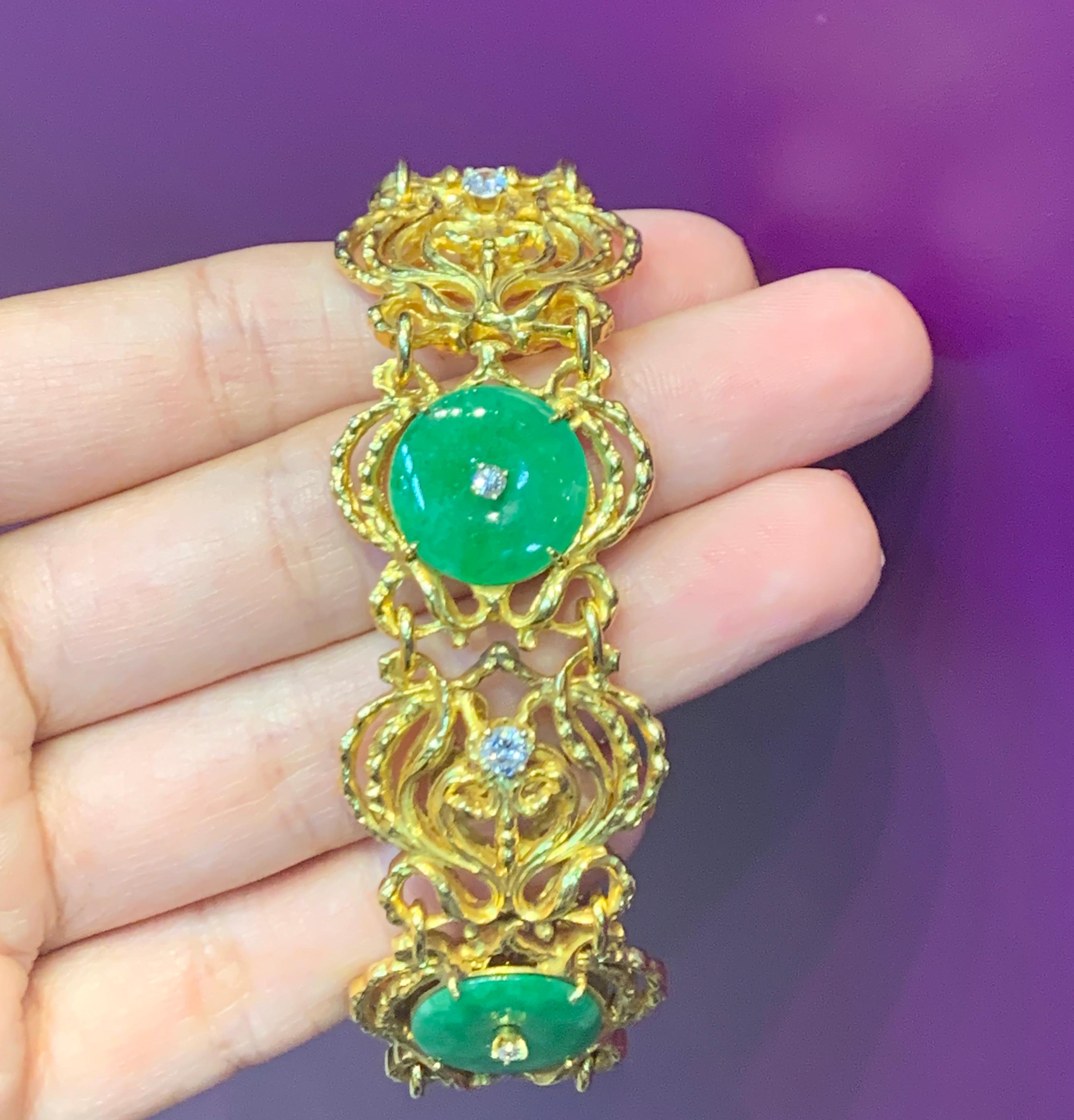 Round Cut Yellow Gold and Natural Jade and Diamond Bracelet