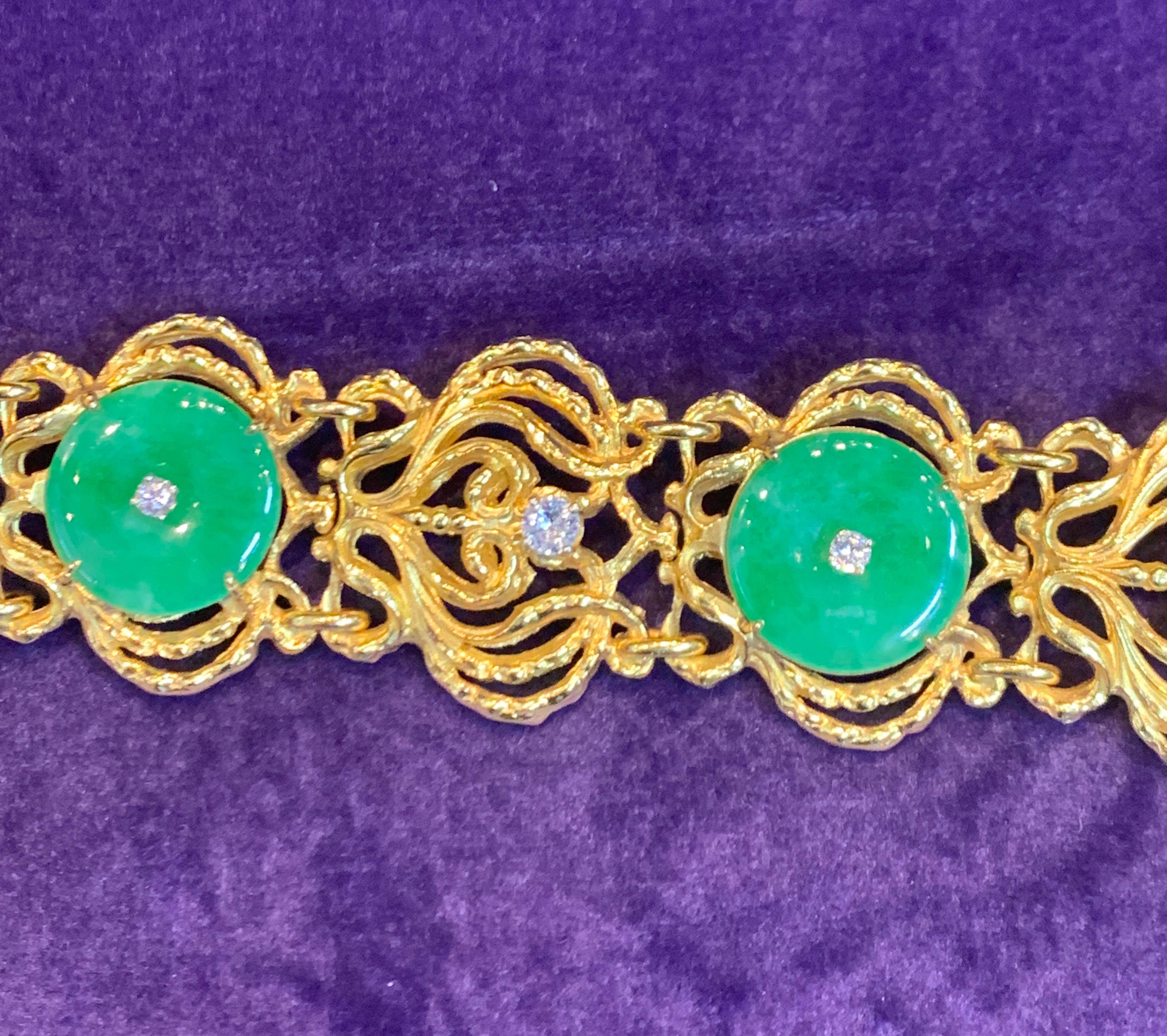 Yellow Gold and Natural Jade and Diamond Bracelet 4