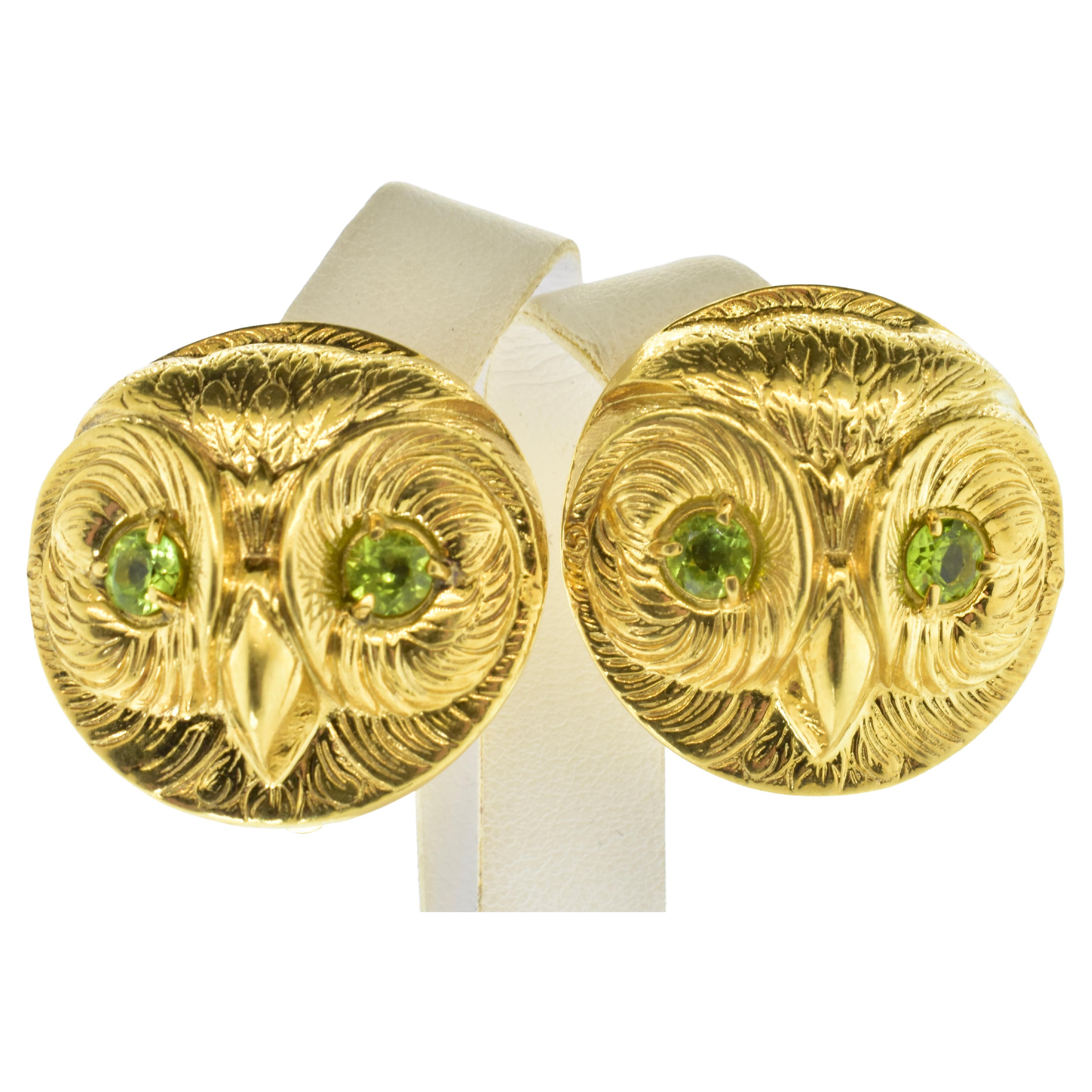 Gold Earrings with a Owl Motif with Peridots Eyes, c. 1950 For Sale at
