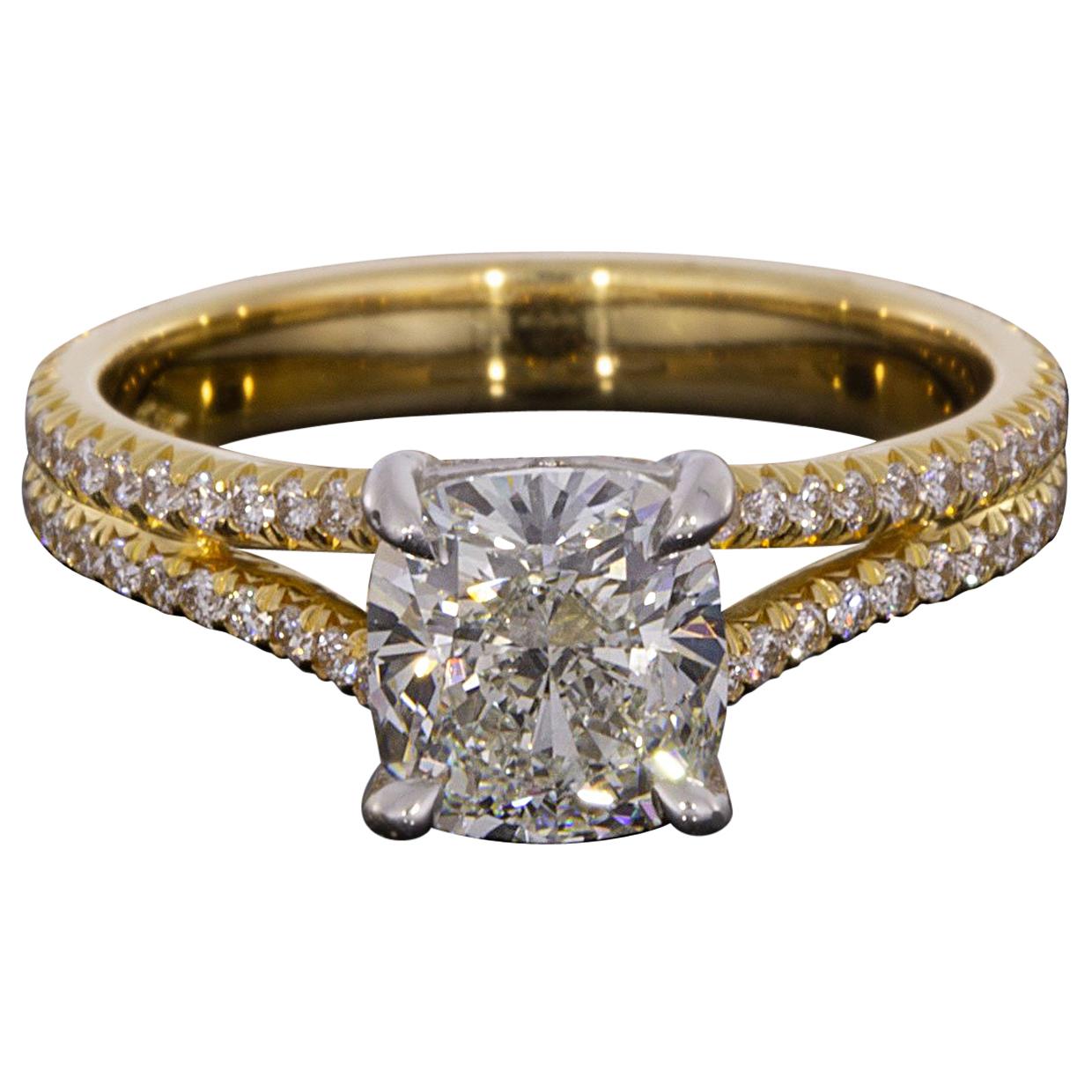 Yellow Gold and Platinum 2.50 Carat Cushion Diamond Split Shank Engagement Ring