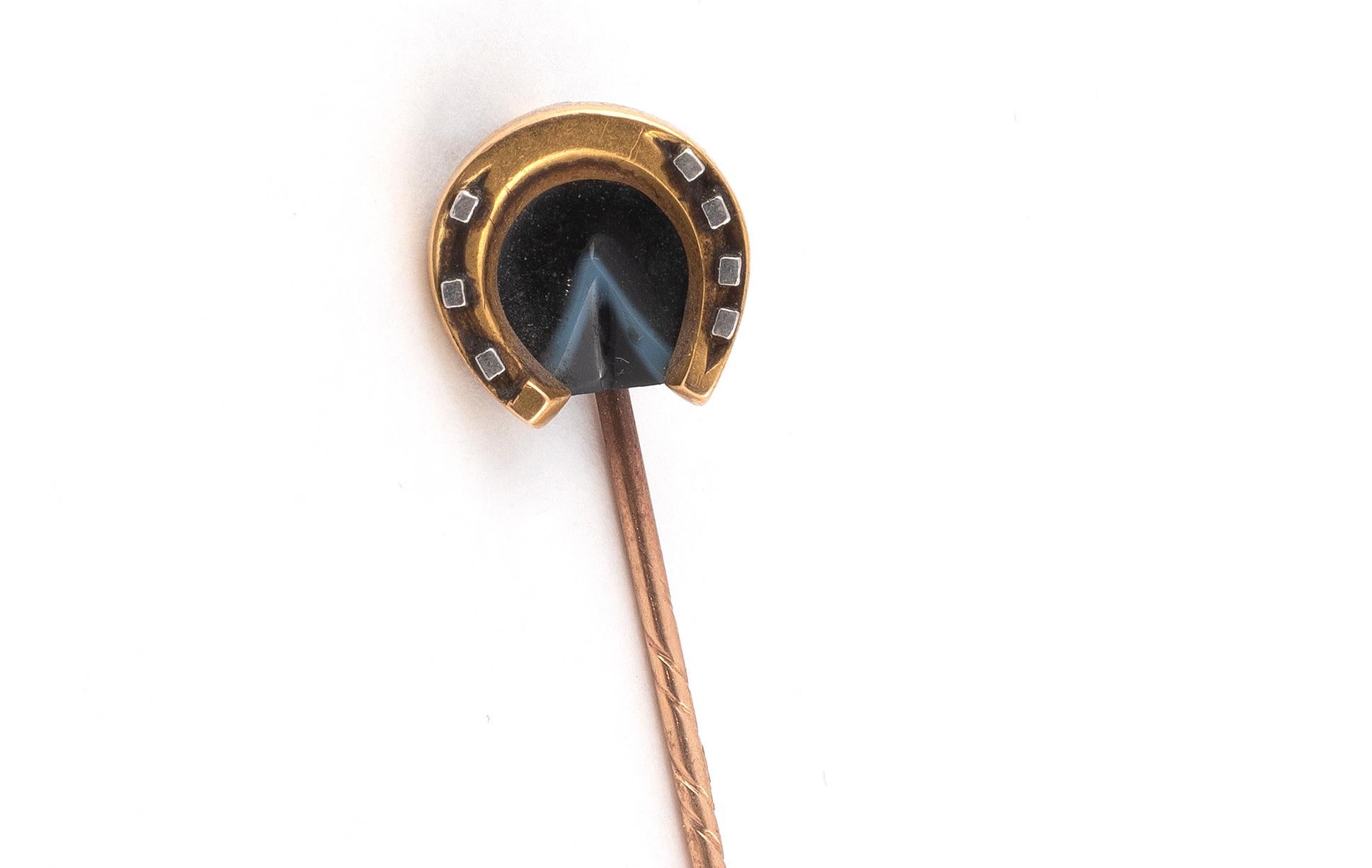 Oval Cut Yellow Gold and Platinum Agate Stickpin For Sale