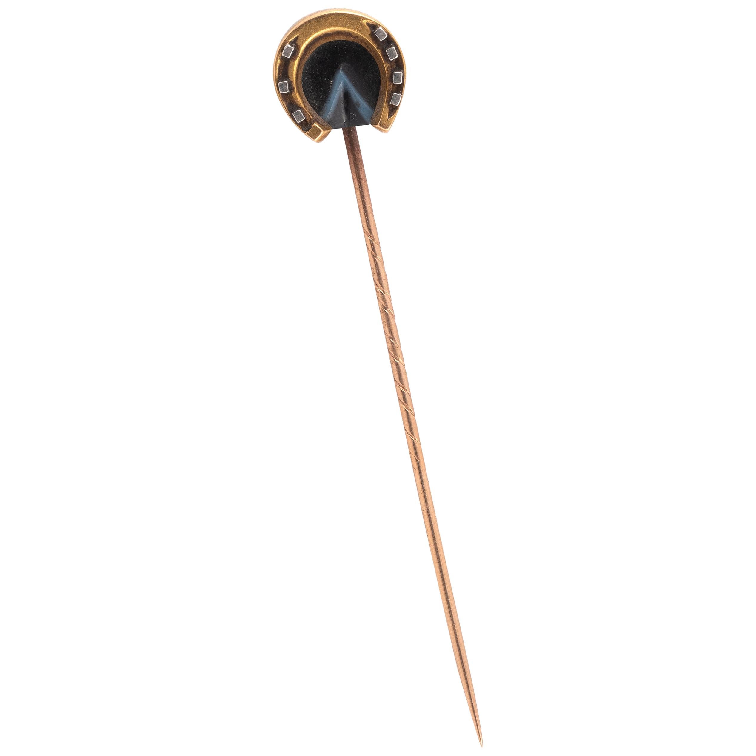 Yellow Gold and Platinum Agate Stickpin For Sale