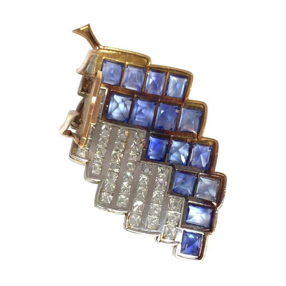 Art Deco Boivin brooch Yellow Gold and Platinum Square Diamonds and Sapphires