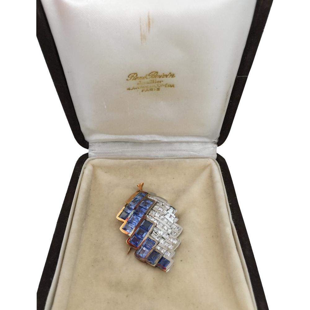 Women's or Men's Boivin brooch Yellow Gold and Platinum Square Diamonds and Sapphires