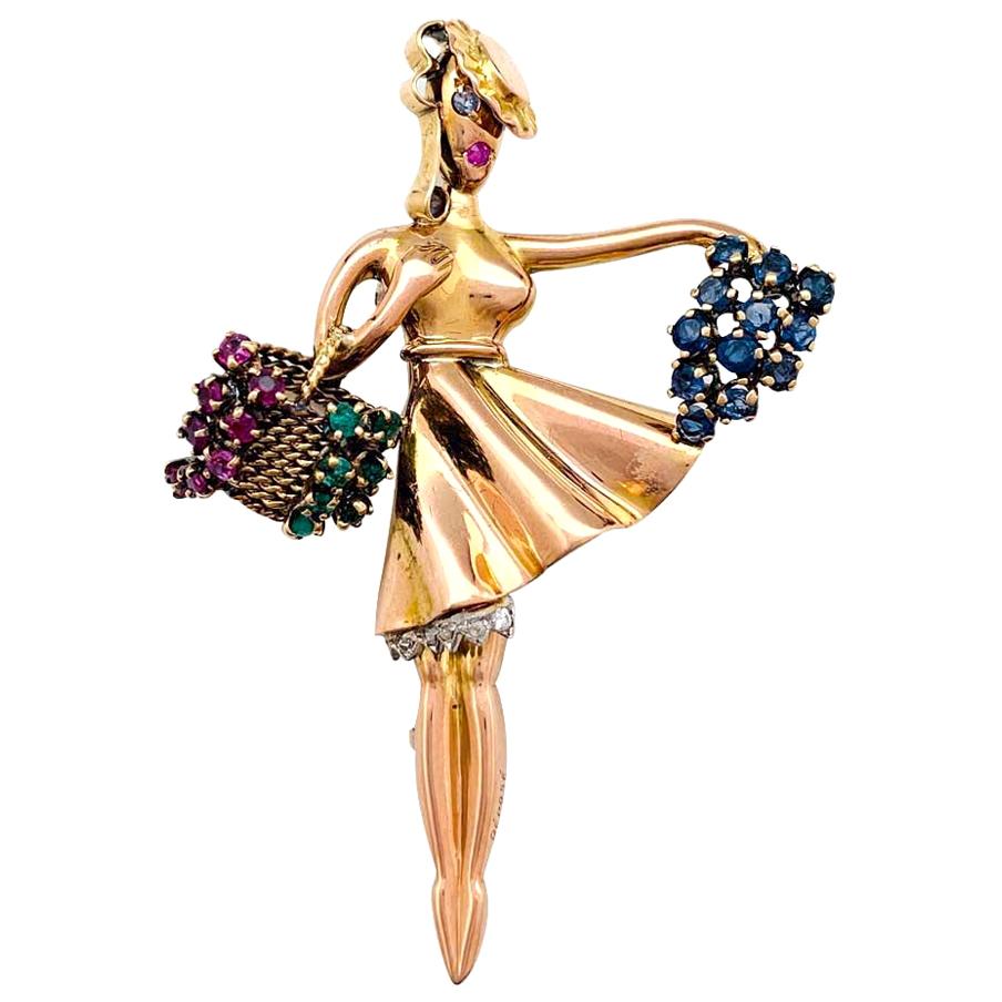Yellow Gold and Platinum Lacloche "Autumn" Brooch, Diamonds and Color Stones